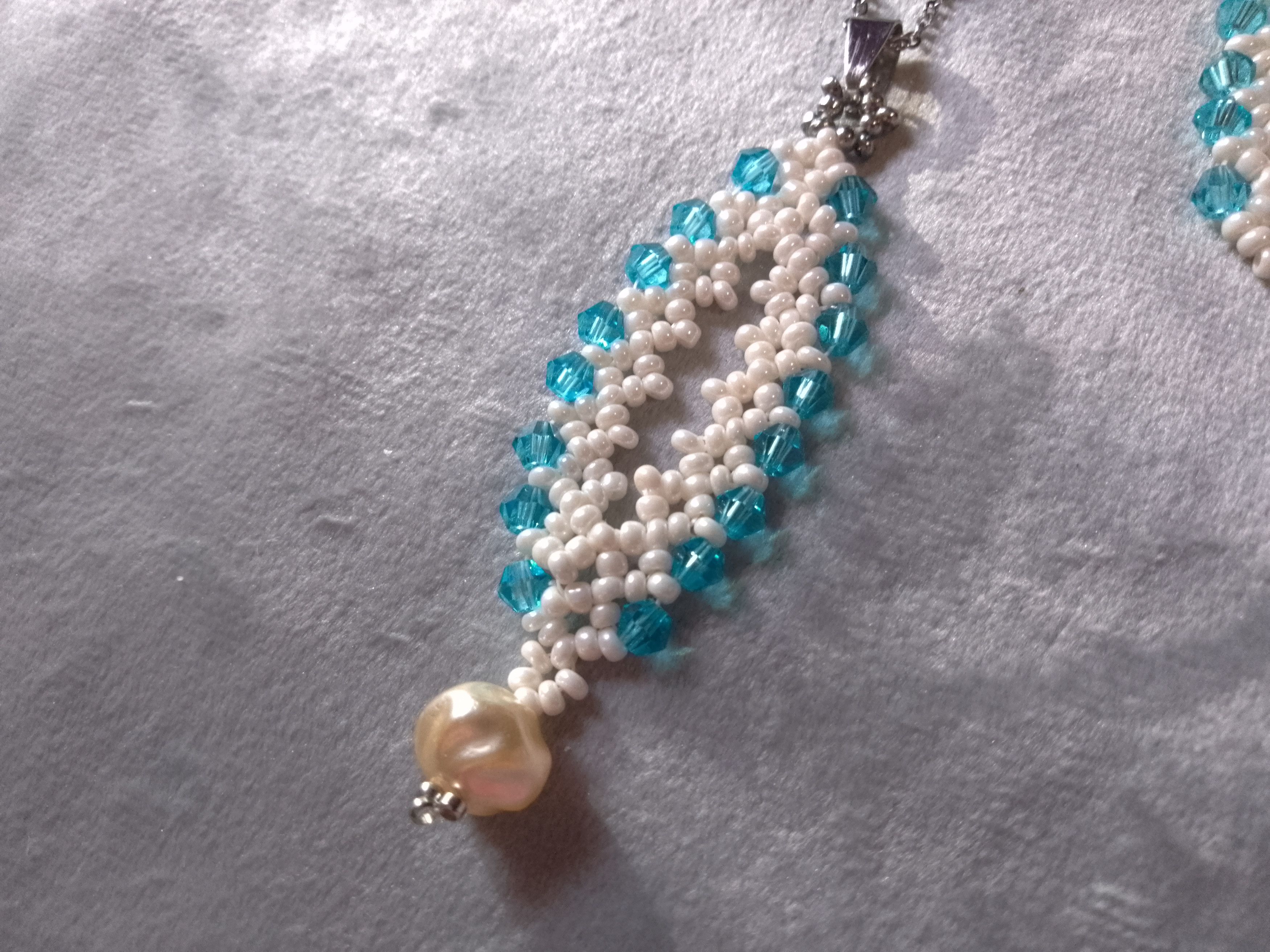 Handmade Necklace pendant earrings ivory glass, pearl, blue crystals Size ONE SIZE - 3 Thumbnail