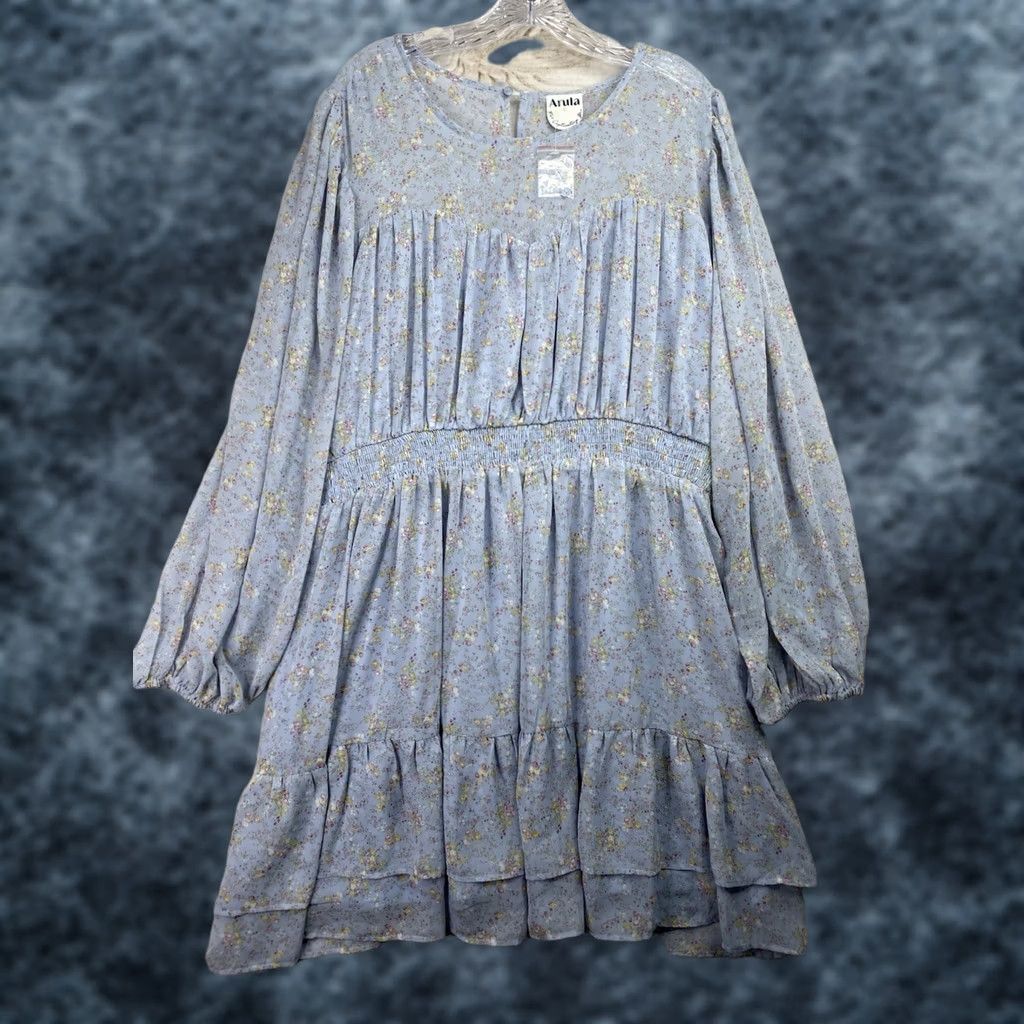Vintage Arula Dress 3X Blue Floral Long Sleeve Mini Tiered Smocked Waist NWT Casual, Bohemian Dress Mens Women Girls Size XXL / US 16-18 / IT 52-54 - 1 Thumbnail