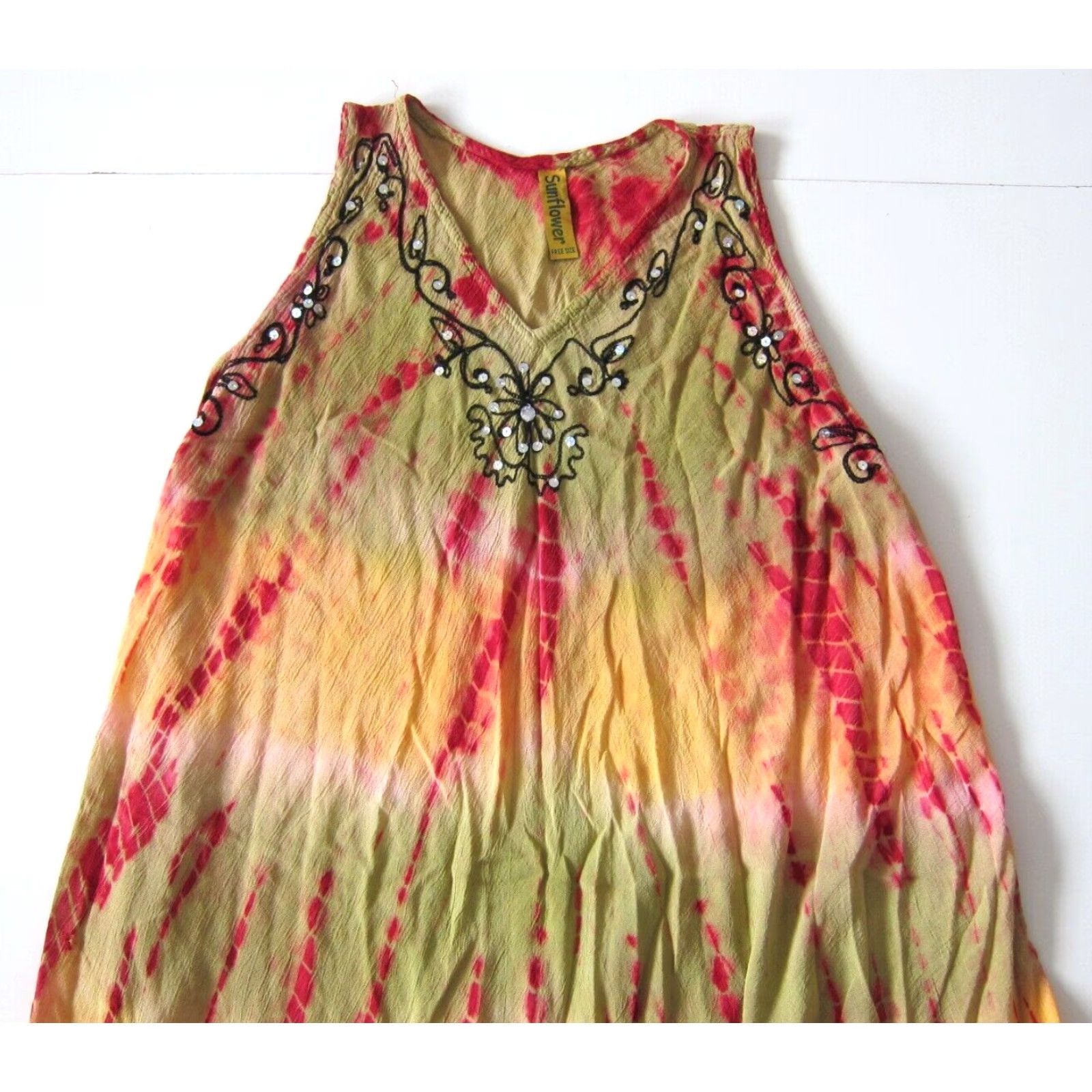 Sunflower VINTAGE Sunflower Tank Dress OS 100% Crinkle Rayon Yellow Pink Embroidered Tie Dye Hippy Dress Womens Size ONE SIZE - 7 Thumbnail