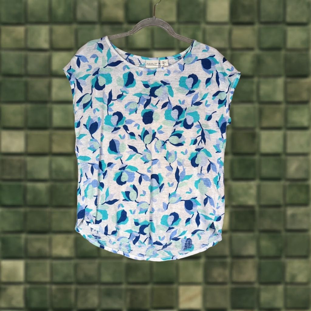 Rachel Zoe RACHEL ZOE Womens L Tee Shirt Top 100% Linen Blue Floral Round Neck Casual Cap Sleeve Short Sleeve NWT Size L / US 10 / IT 46 - 1 Thumbnail
