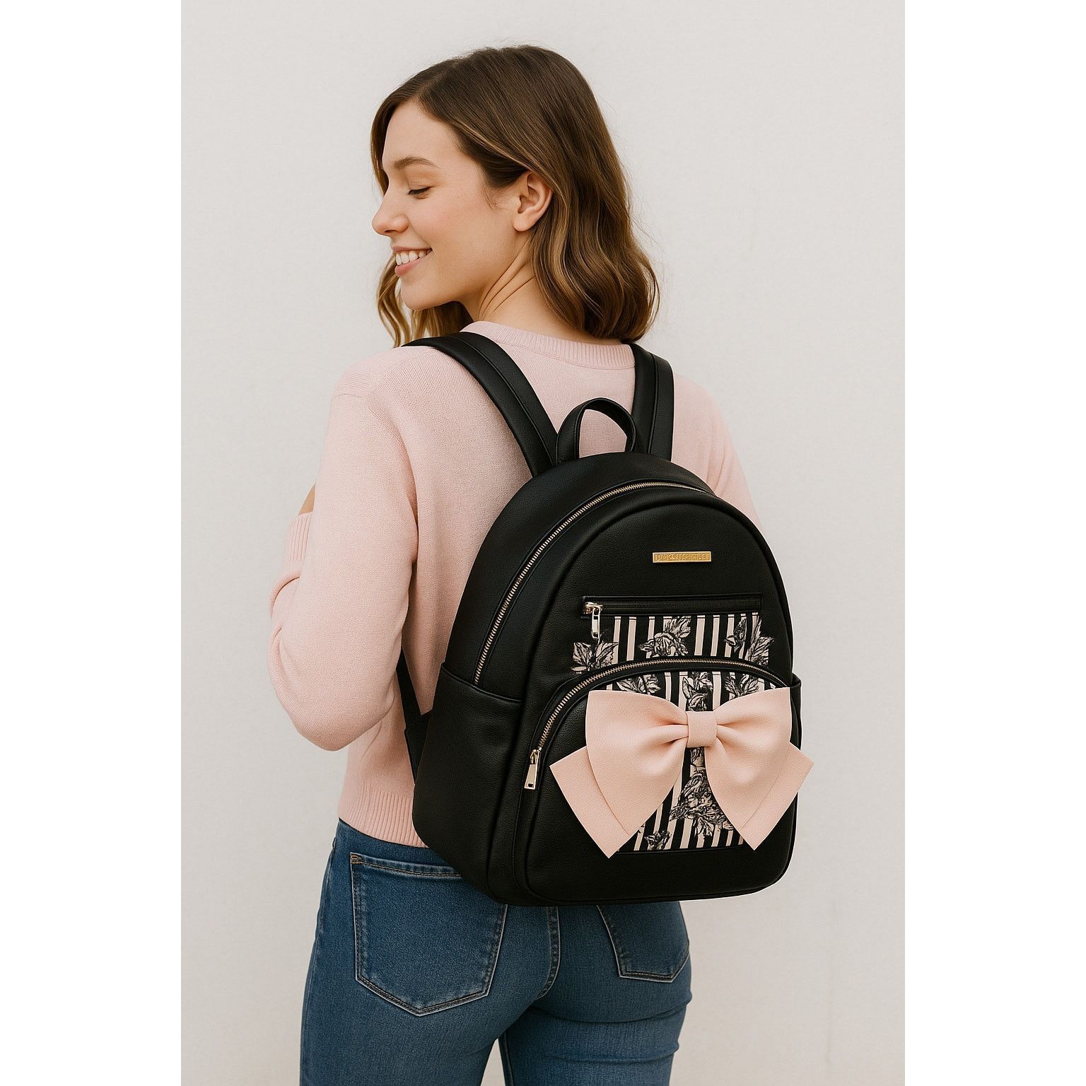 Goth Glam Bow Stripe Floral Backpack Betsey Johnson Black