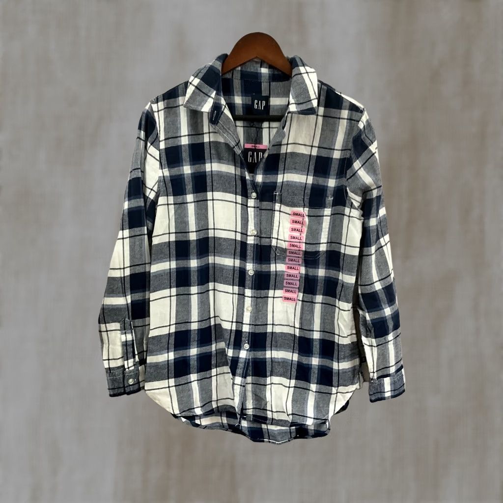 Gap GAP WOMENS FLANNEL SHIRT SMALL BLUE BUTTON-UP Pockets Casual Basic 100% Cotton Size S / US 4 / IT 40 - 1 Thumbnail