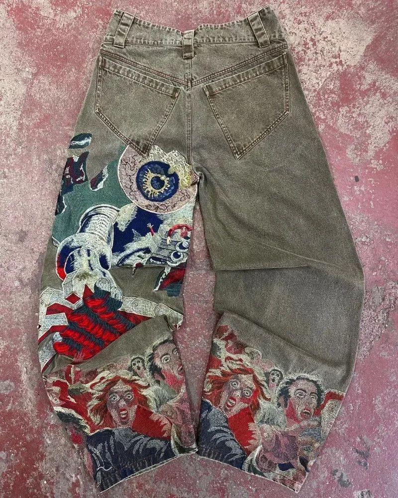 image of Vintage Y2K Grey Great Eye Embroidered Jeans, Men's (Size 34)