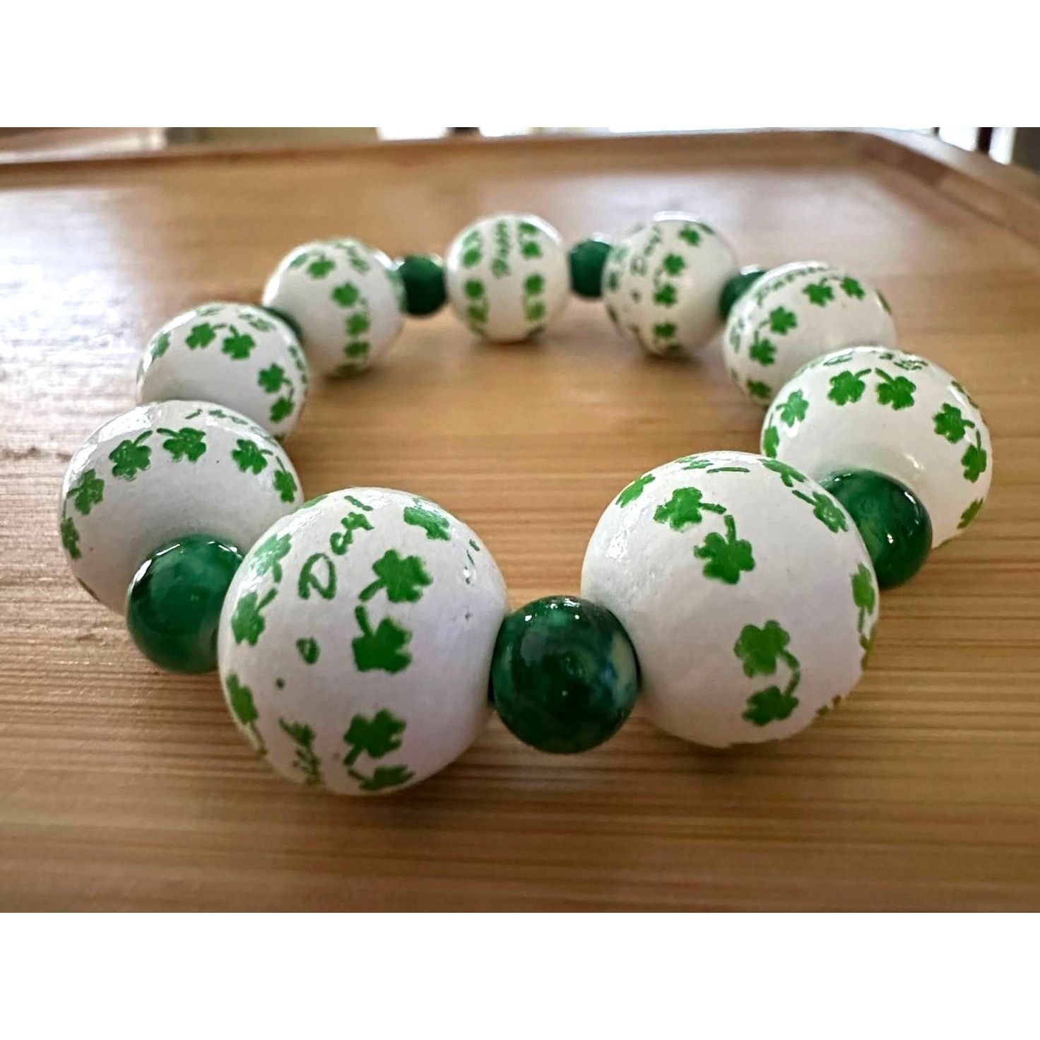 Handmade Happy St Patricks Day Shamrock Wood Beaded Stretch Bracelet Size ONE SIZE - 8 Thumbnail