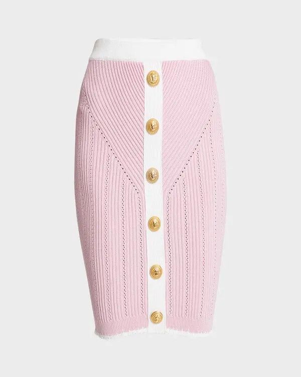 o1s1wg110825 Buttoned Pointelle Knit Skirt in Pink/White