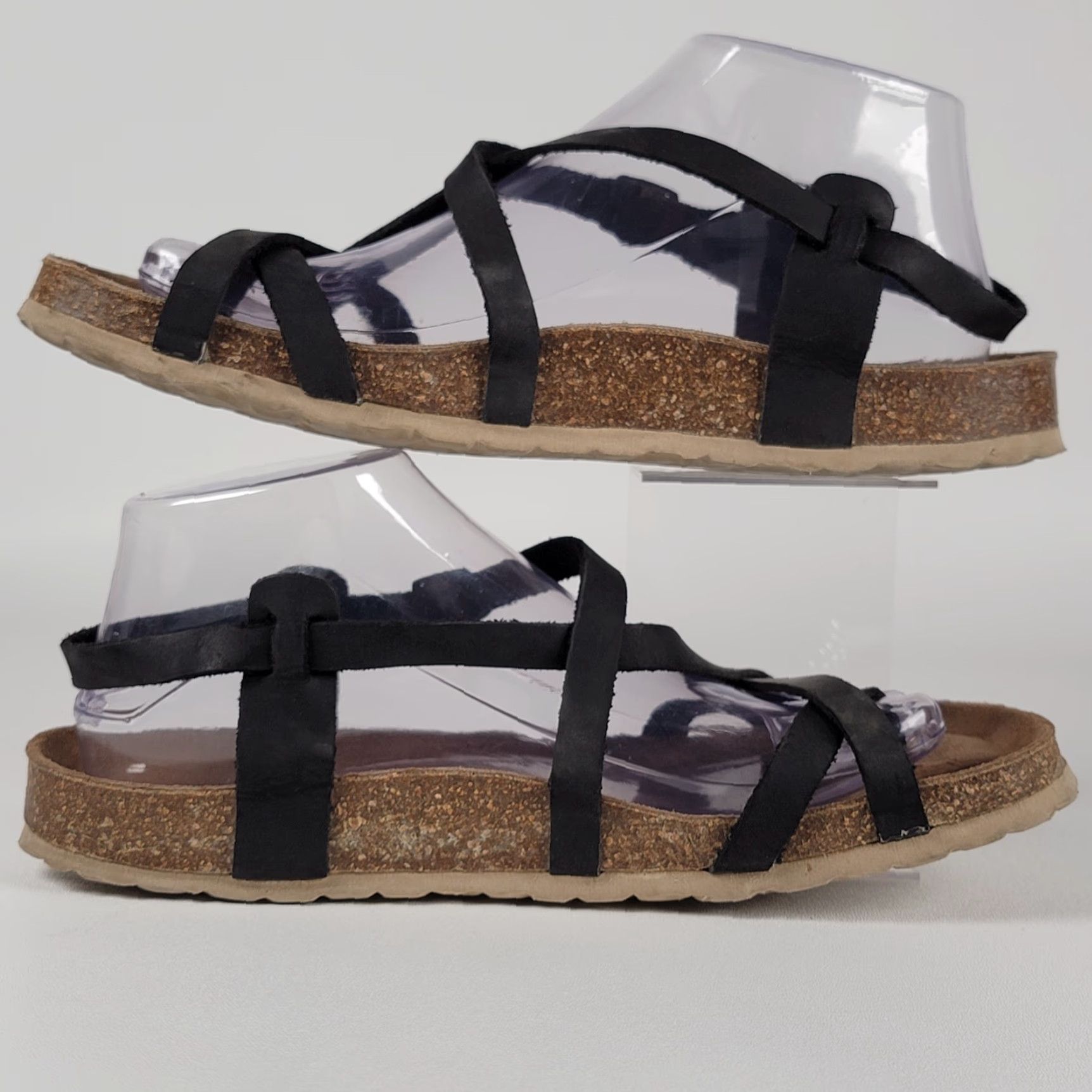 Vintage Musse & Cloud Zucebra Leather Sandals Women 9 Black Flat Strappy Buckle Cork Insole Size US 9 / IT 39 - 3 Thumbnail