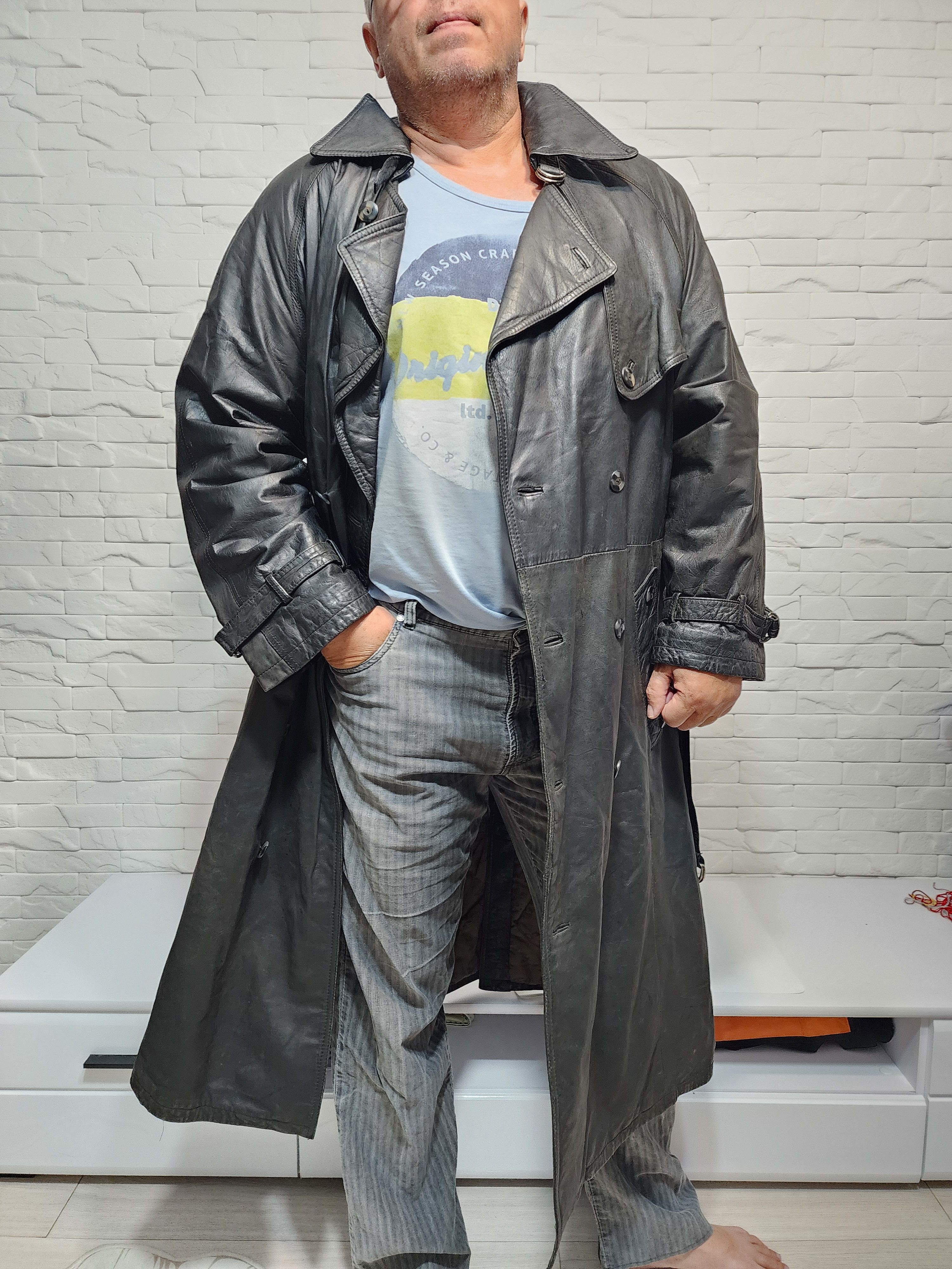 Designer Men's leather trench coat. Long leather men's coat. Size US XL / EU 56 / 4 - 1 Thumbnail