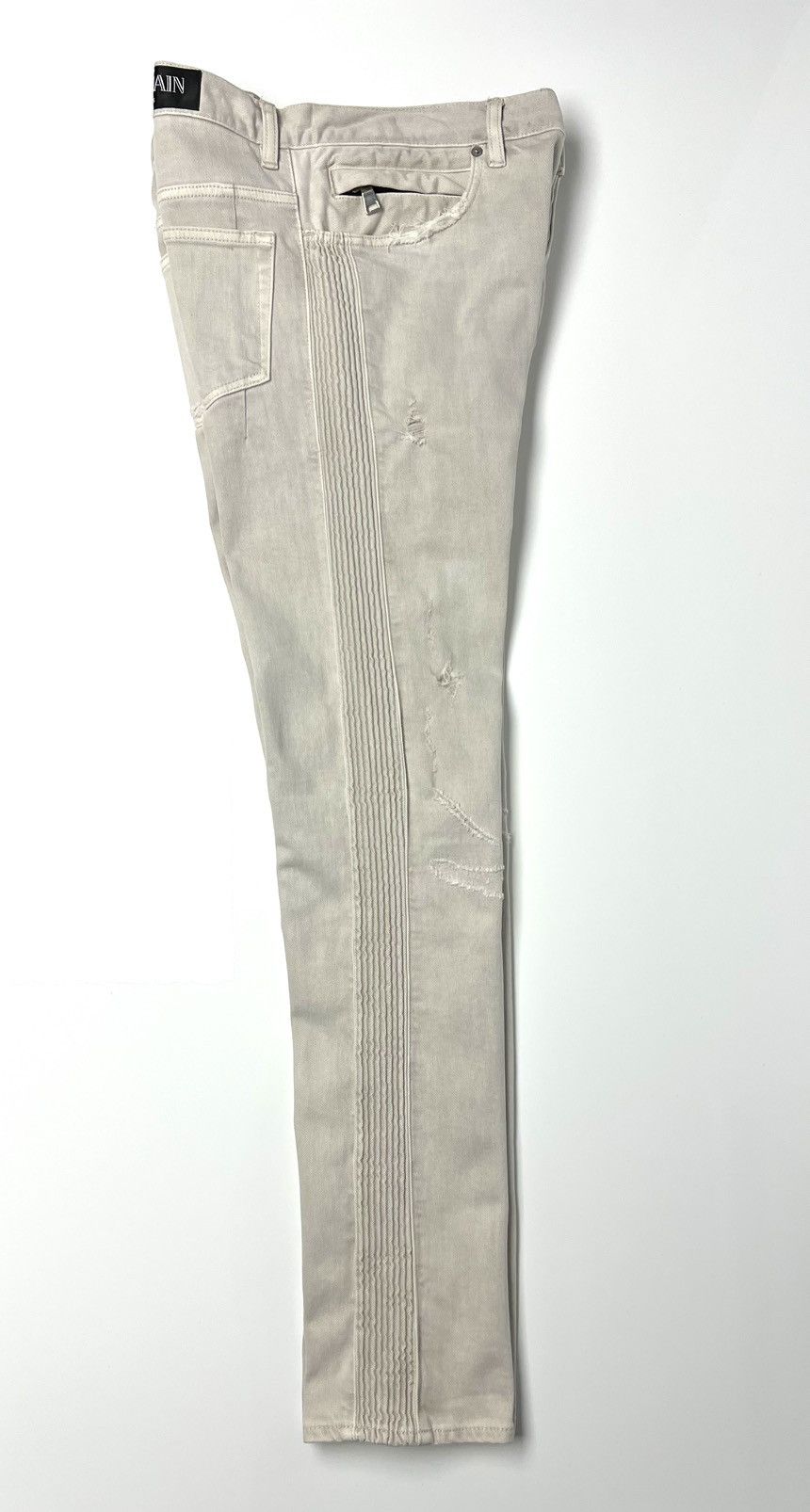Balmain 1625$ NWT, BALMAIN LIGHT GREY DISTRESSED RIBBED DENIM JEANS Size US 34 / EU 50 - 4 Thumbnail