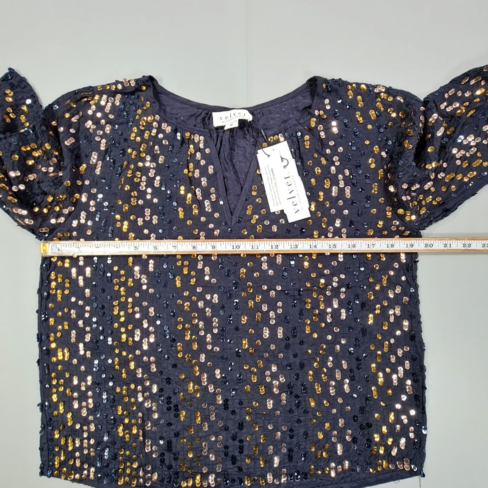 Vintage Velvet by Graham & Spencer Blouse Navy Blue XS V-Neck Sequin Short Sleeve Women's XS Blouse Velvet Sequin V-Neck Top Size XS / US 0-2 / IT 36-38 - 5 Thumbnail