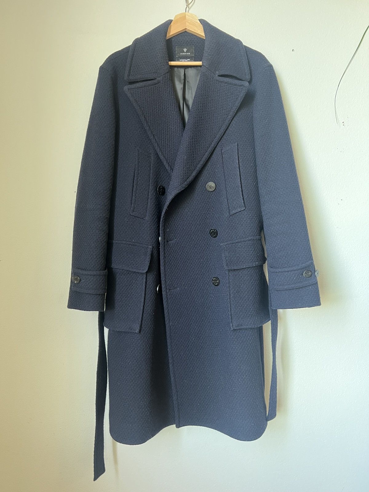 Aime Leon Dore HVRMINN Navy Wool Double Breasted Belted Coat | Grailed