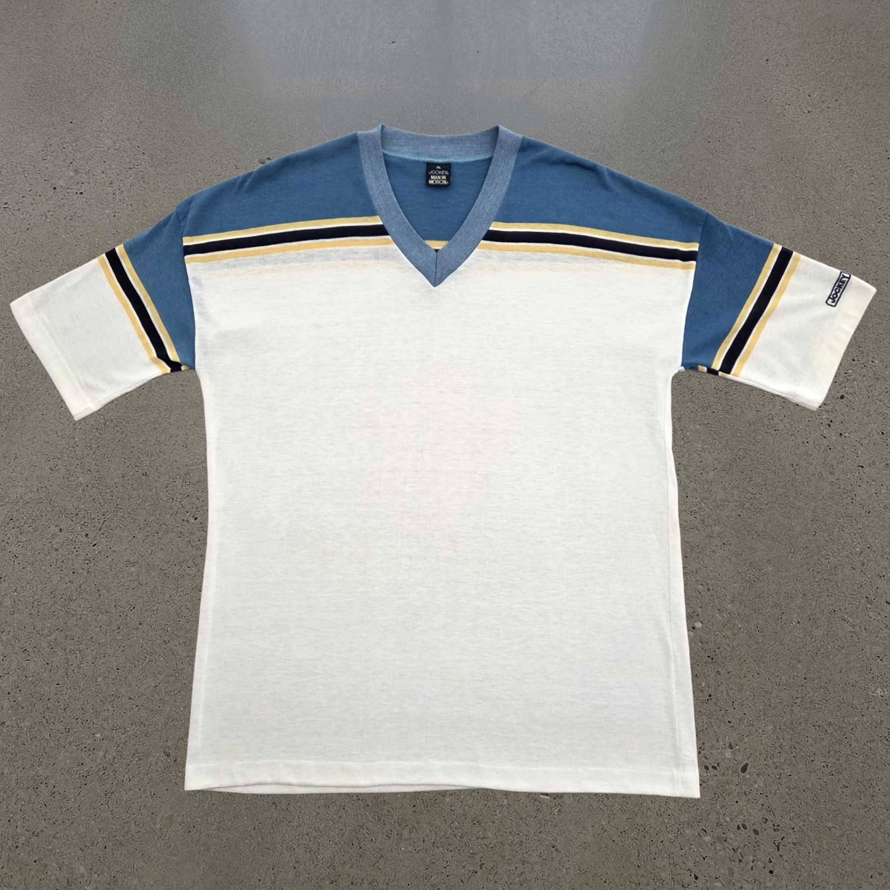 Vintage Jockey T-Shirt Mens 1XL Multi-Color Man In Motion Ringer V-Neck 80s Single Stitch American Vintage, Men's