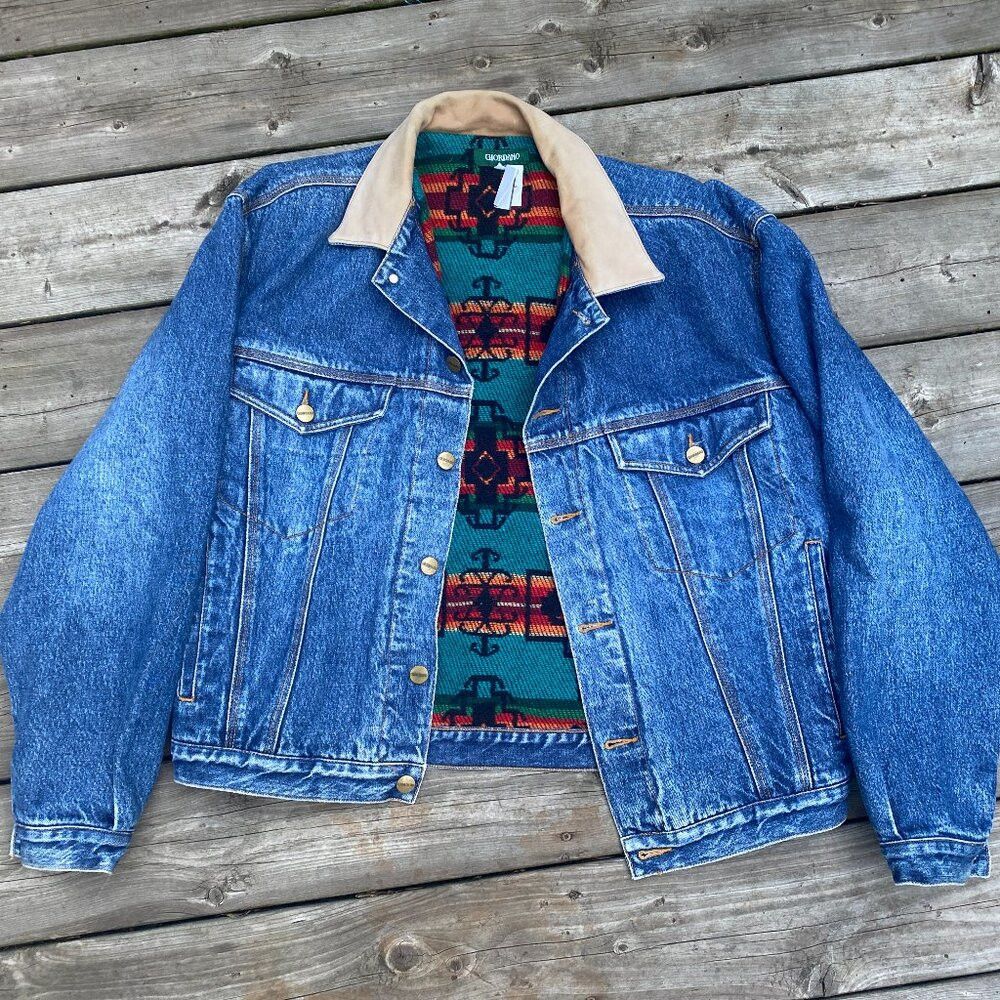 Giordano × Vintage Vintage 1980s Blanket Lined Giordano Aztec Denim Jacket Lar Size US L / EU 52-54 / 3 - 6 Thumbnail