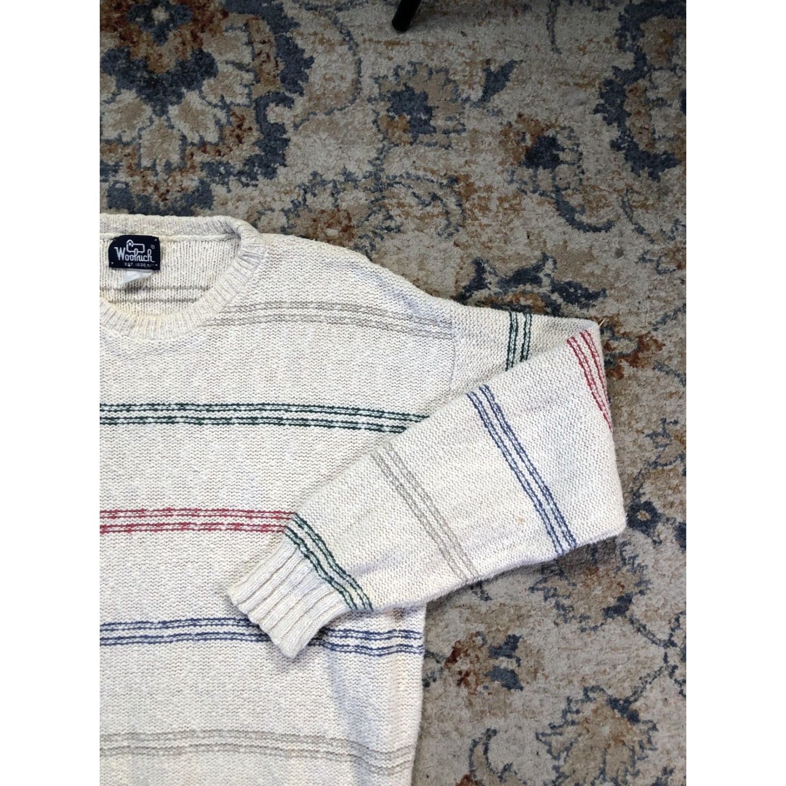 Vintage VINTAGE Woolrich Sweater Mens Large Beige Striped Cotton Knit Pullover USA 80s Size US L / EU 52-54 / 3 - 4 Thumbnail