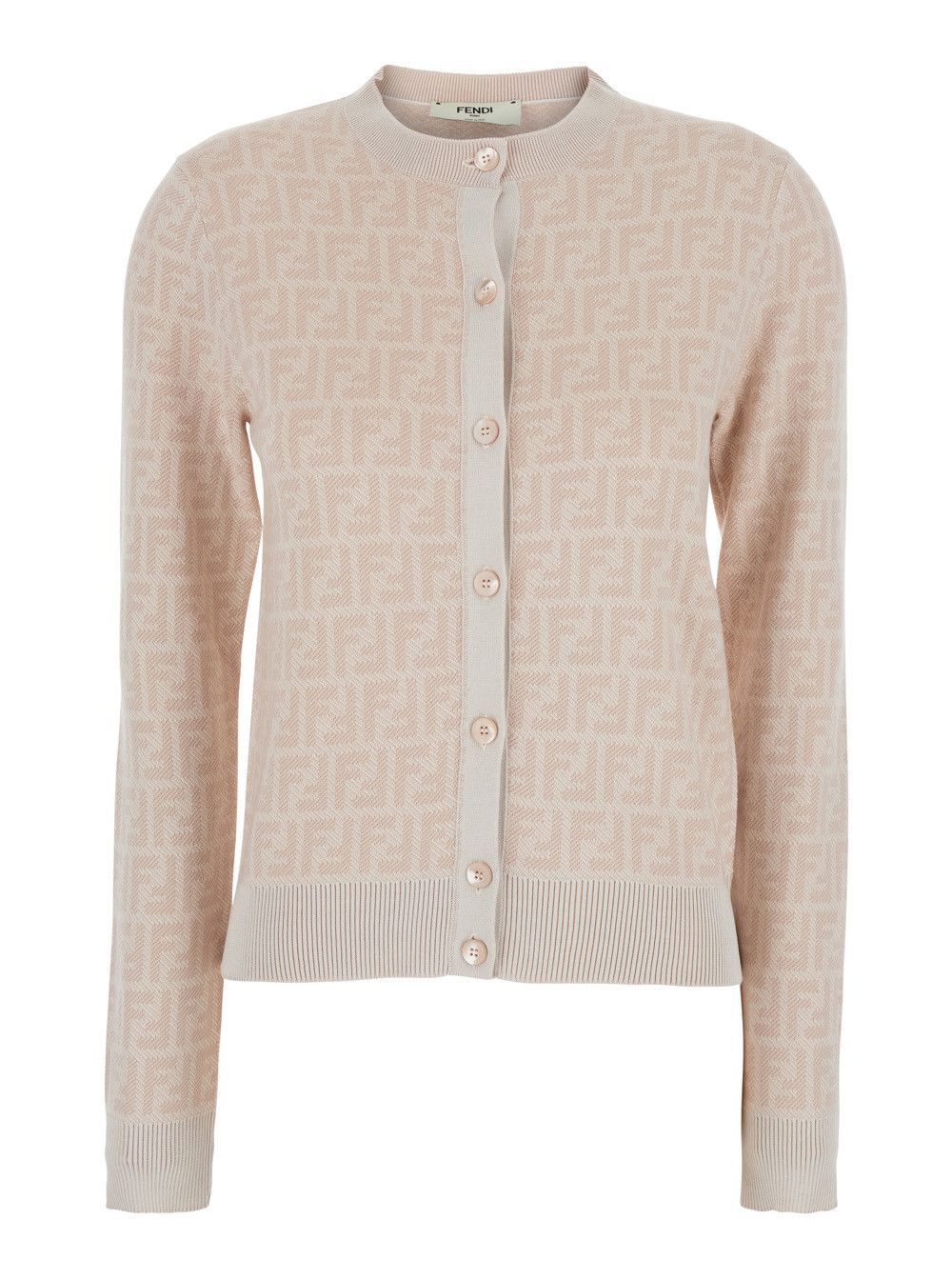 Fendi Pink Crew Neck Cardigan with All-Over FF Motif in Wool for Women Size M / US 6-8 / IT 42-44 - 1 Thumbnail