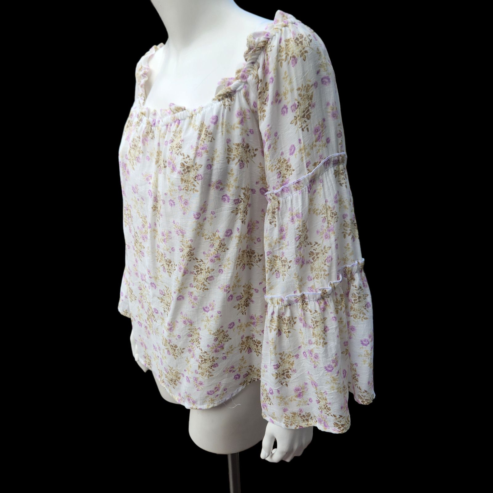 rue21 Rue21 Purple Ivory Floral Blouse Size Large Bell Sleeves Size L / US 10 / IT 46 - 4 Thumbnail