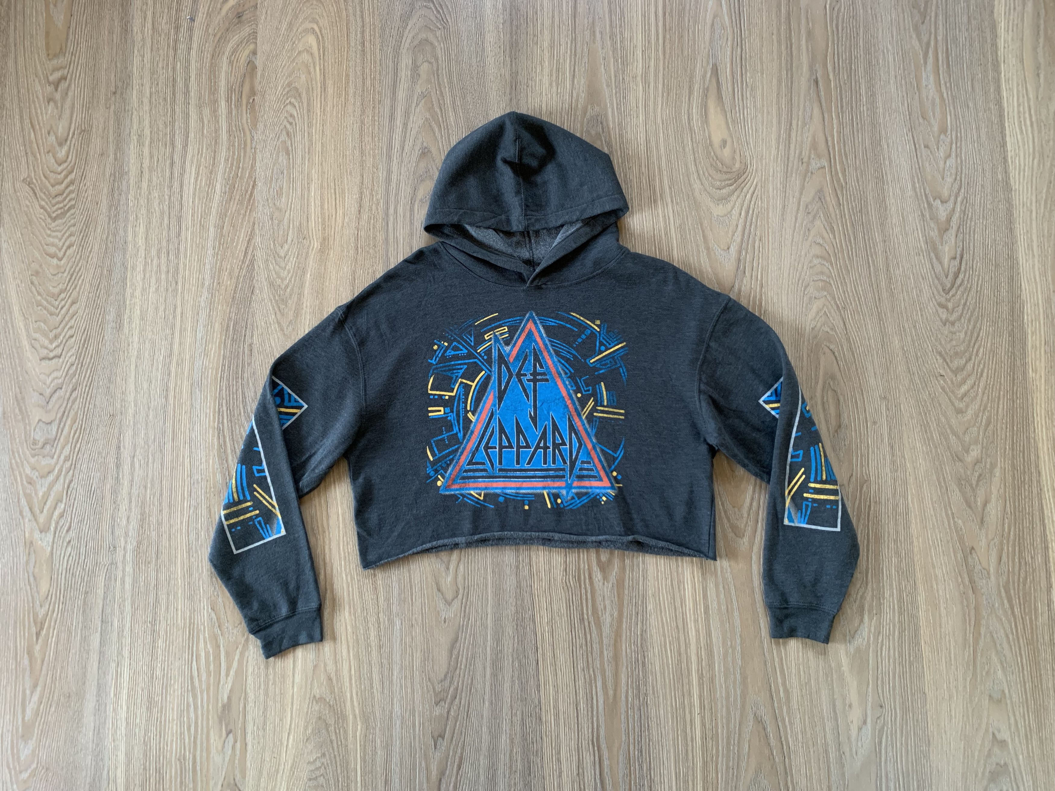image of Vintage Def Leppard Crop Top Printed Hoodie in Grey, Women's (Size Medium)
