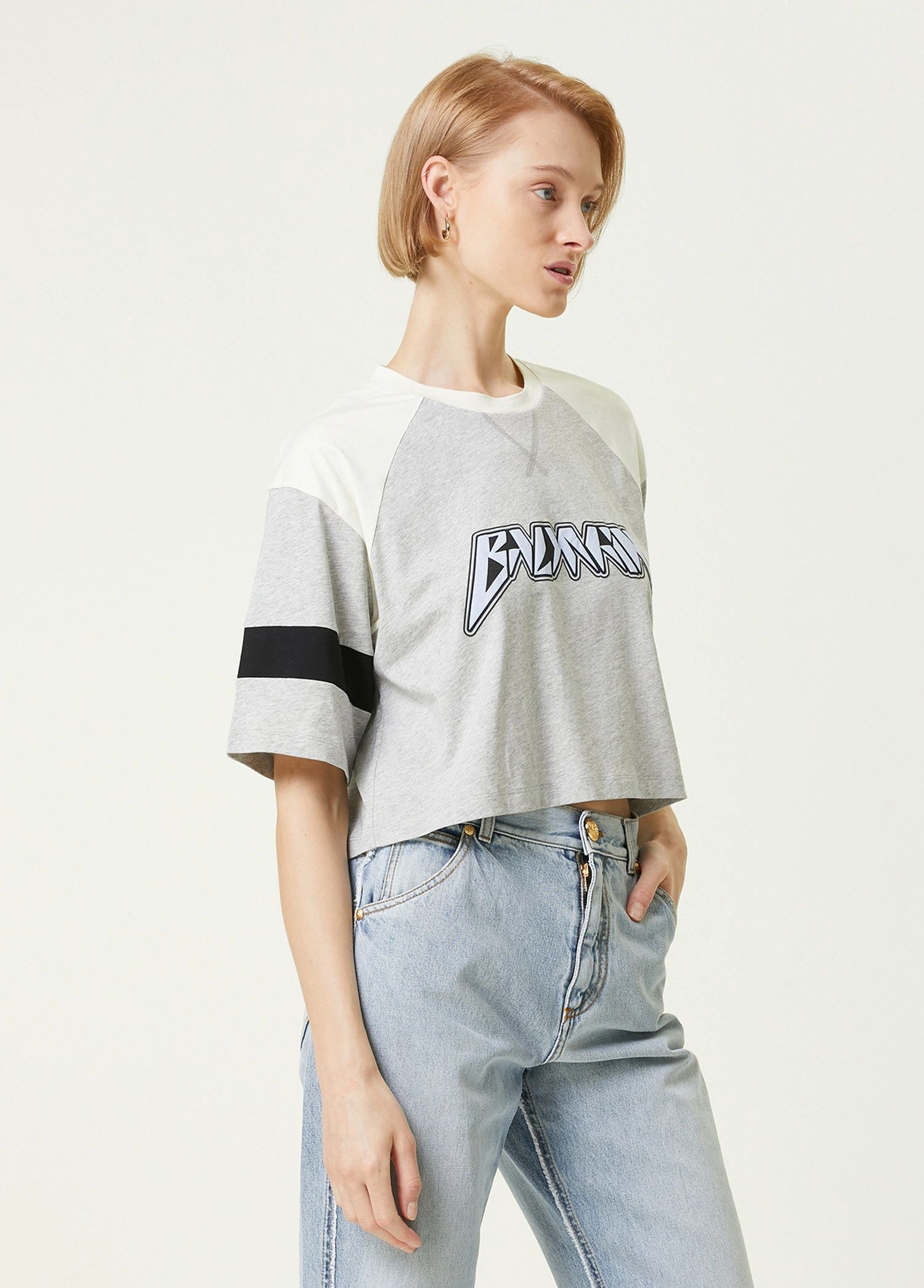 Balmain BALMAIN gray white logo print cropped biker t-shirt Large Size L / US 10 / IT 46 - 4 Thumbnail