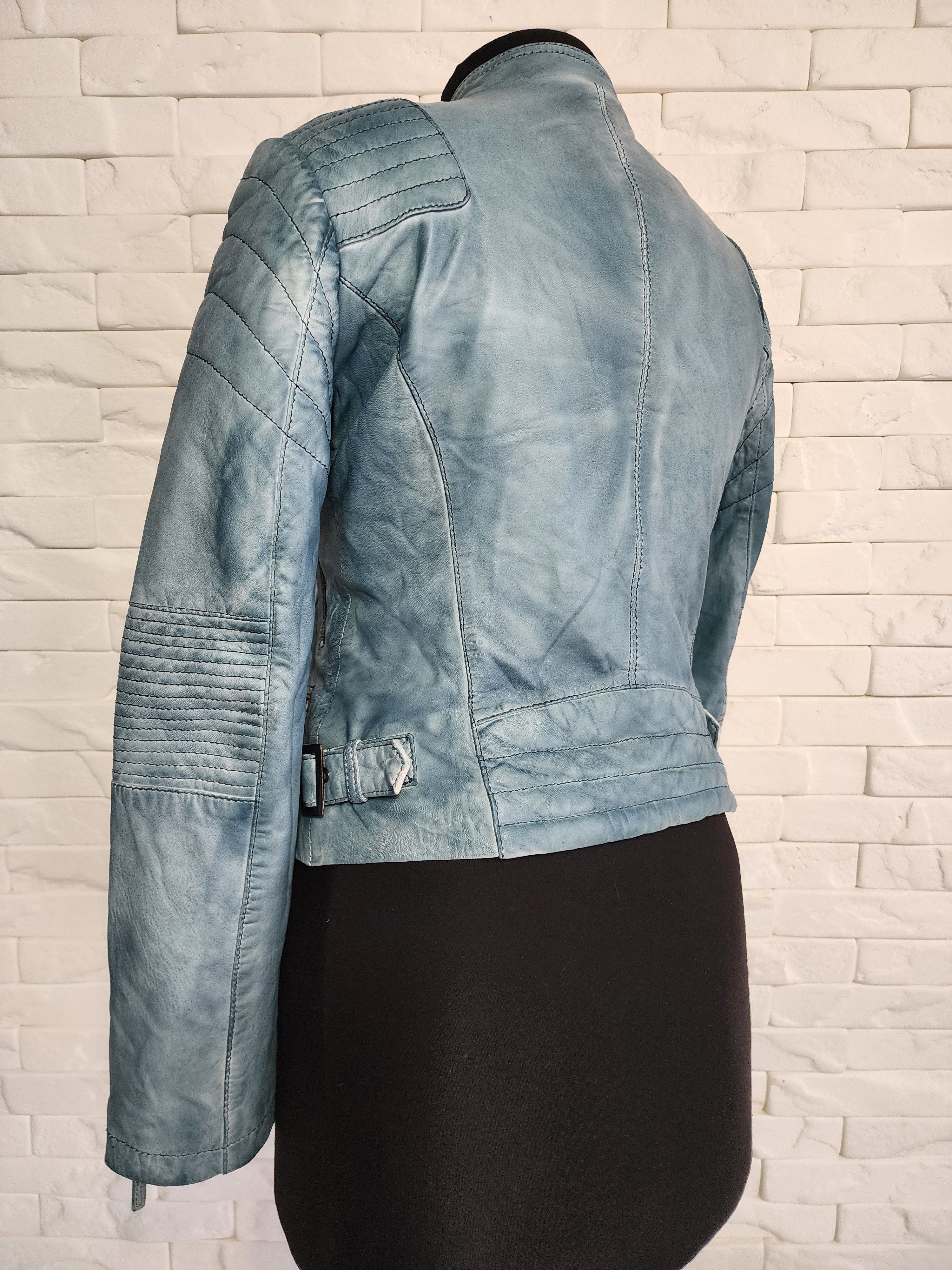 Other Blue Leather Biker Jacket - Women's Metal Zipper Moto Jacket Size M / US 6-8 / IT 42-44 - 6 Thumbnail
