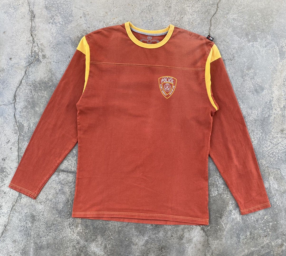 image of Vintage Y2K Fuck The Police Long Sleeve Tees in Orange, Men's (Size Medium)