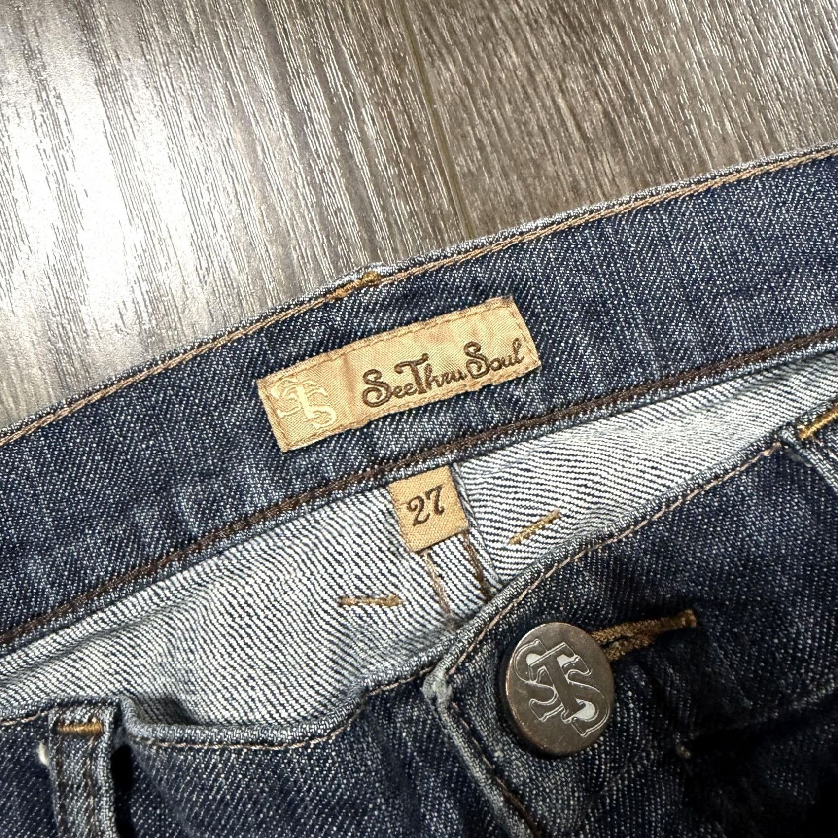 Vintage See Thru Soul Jeans Bootcut Womens 27 Medium Wash Blue Denim Distressed Pockets Embroidered Logo 5-Pocket Size 27" / US 4 / IT 40 - 4 Thumbnail