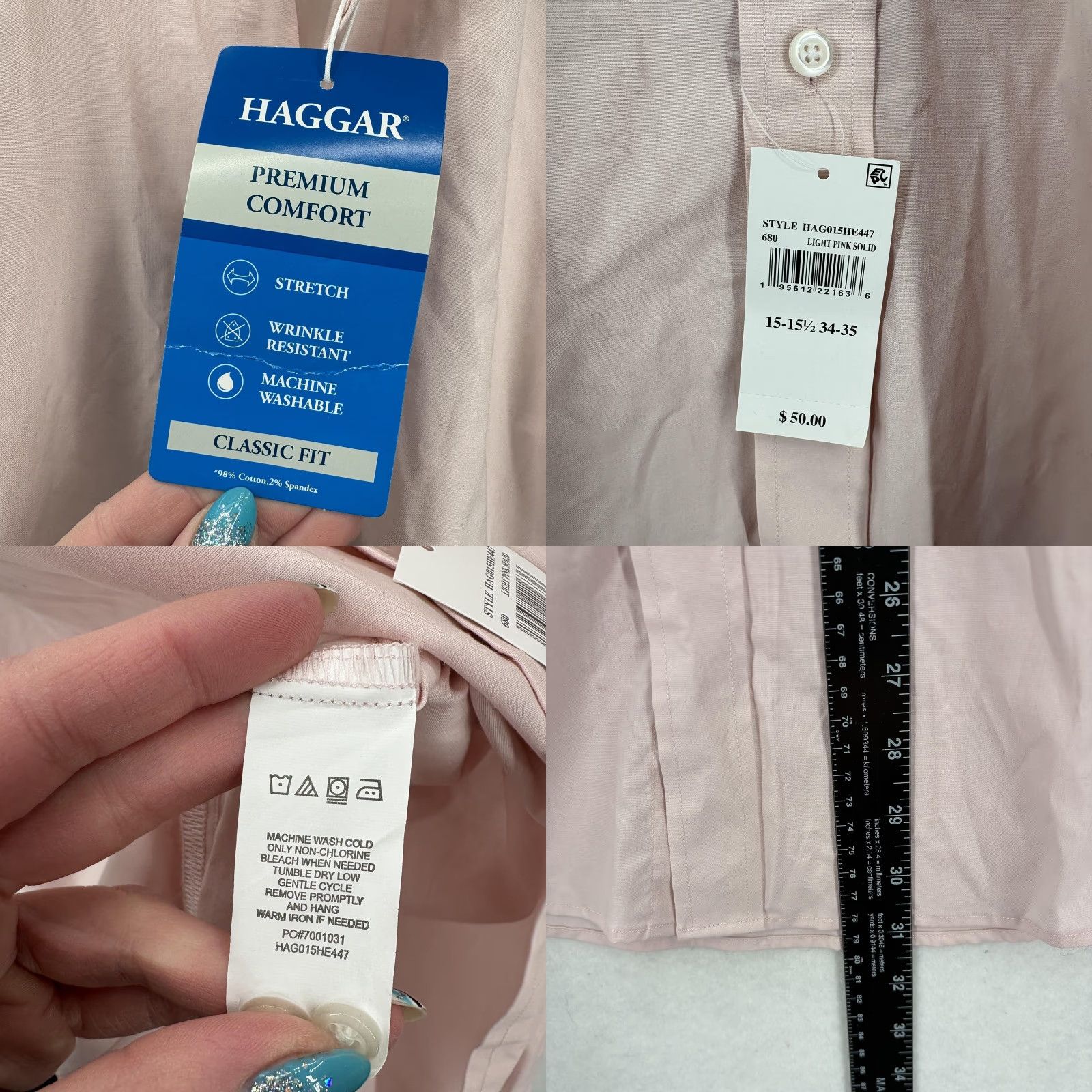Haggar Haggar Mens Dress Shirt 15.5 34/35 Pink Classic Fit Stretch Wrinkle Resistant Cotton Spandex Long Sleeve Barrel Cuff Business Size US L / EU 52-54 / 3 - 8 Thumbnail