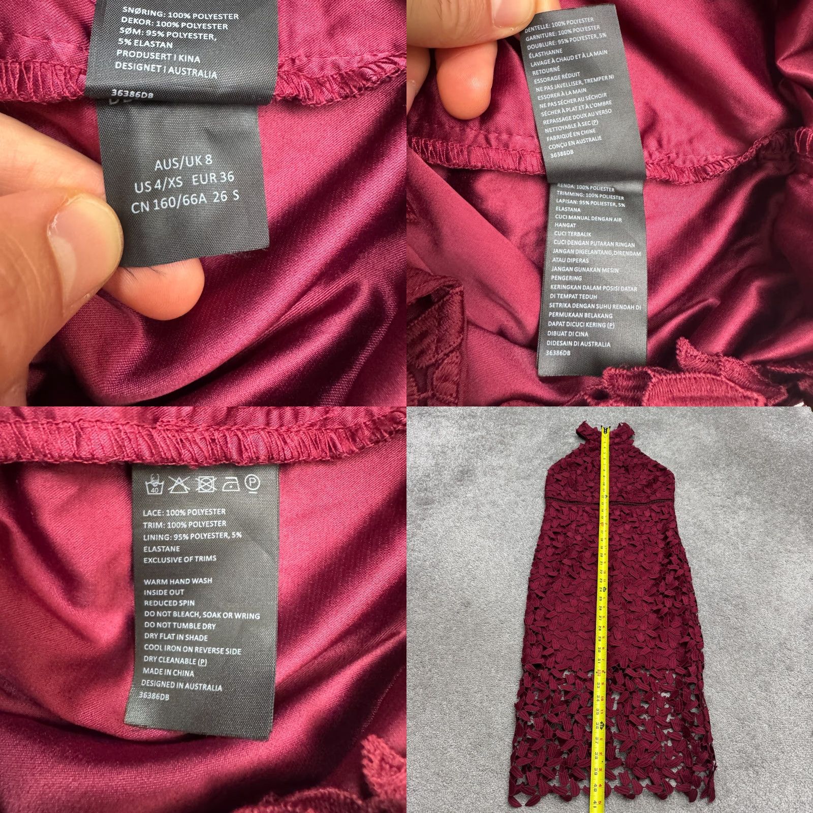 Vintage Bardot Dress Women 4 XS Burgundy Lace Halter Backless Cocktail Knee Length Sheath Party Size S / US 4 / IT 40 - 8 Thumbnail