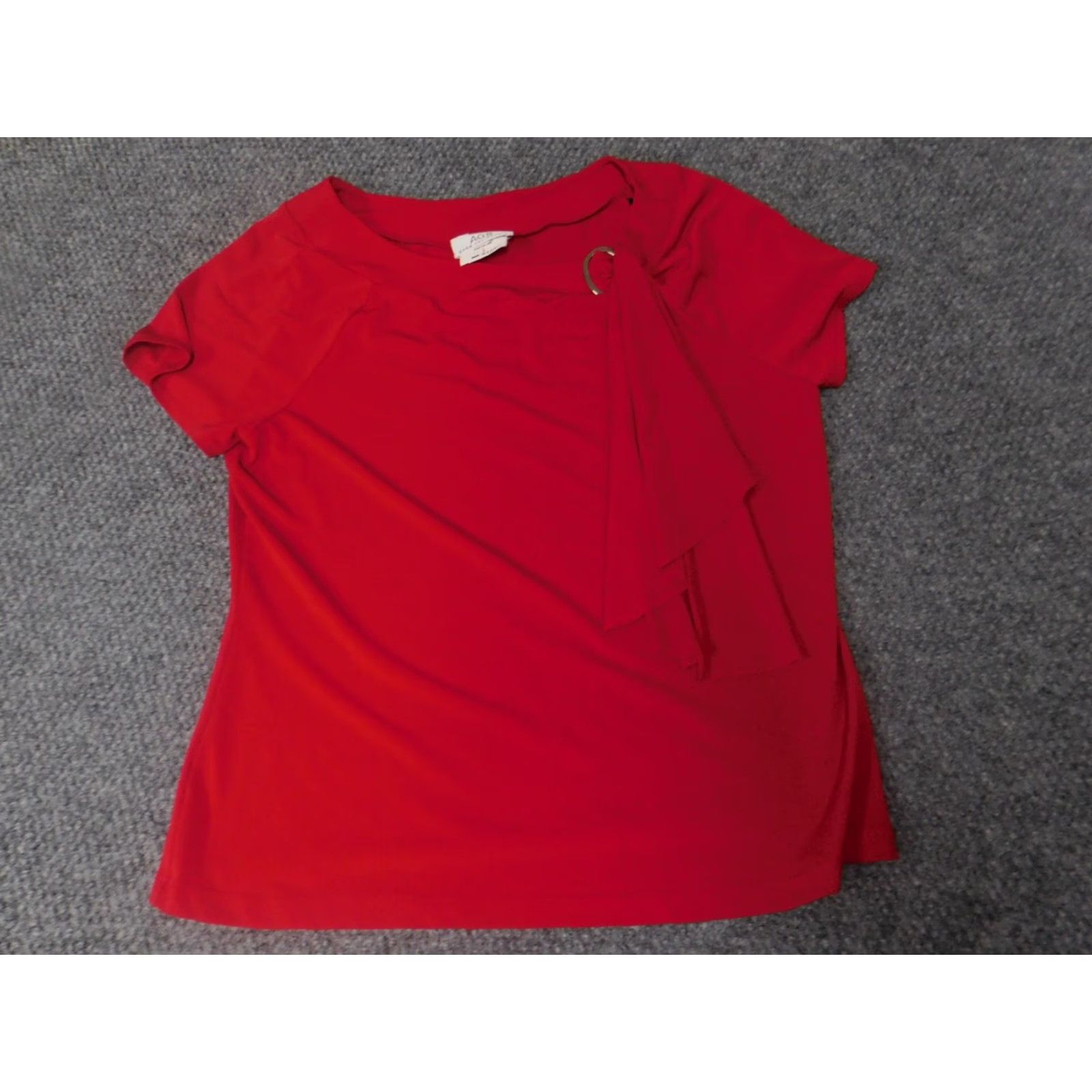 Vintage AGB Blouse Shirt Womens Regular L Red Pullover Short Sleeve Round Neck Stretch Ruffle Polyester Rayon Casual Vintage: No Size L / US 10 / IT 46 - 2 Thumbnail