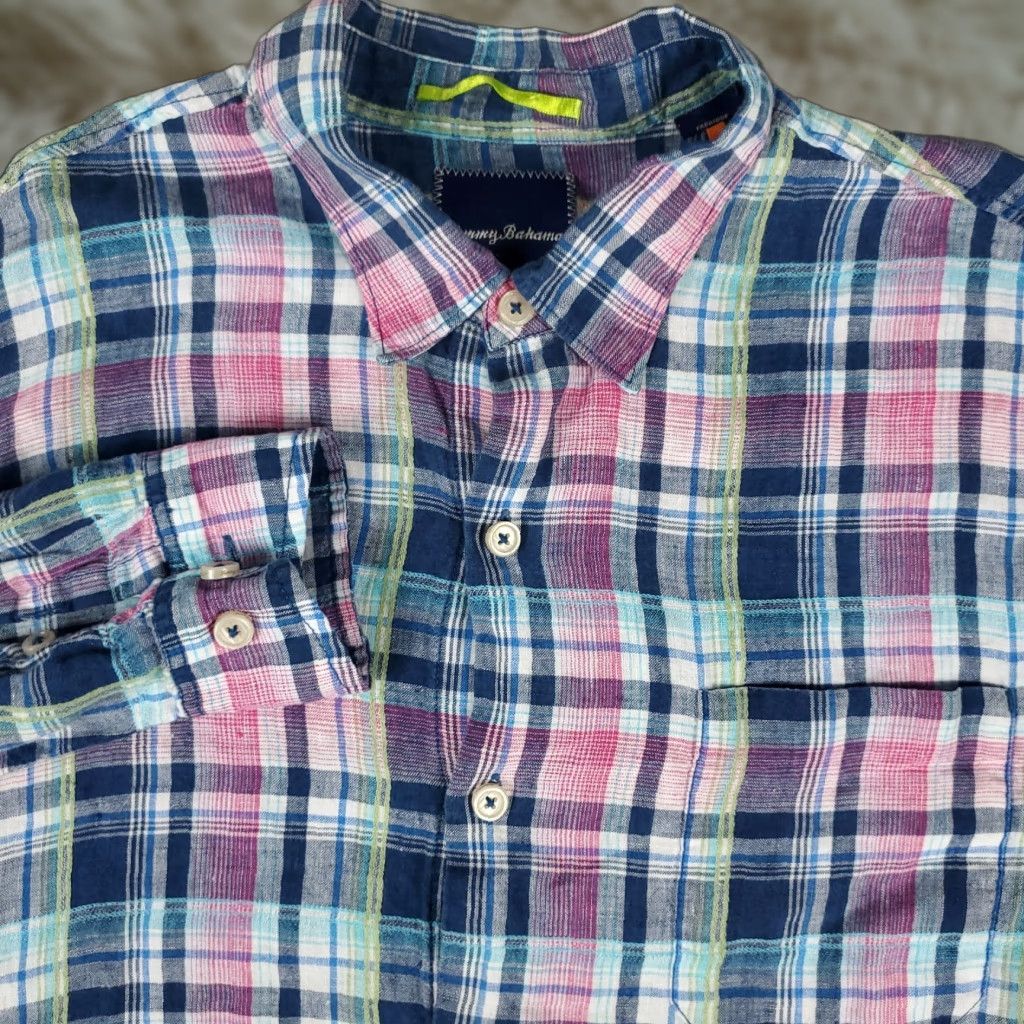 Tommy Bahama Tommy Bahama Relax Shirt Mens Large Blue Pink Linen Plaid Button Up Long Sleeve Shirt Size US L / EU 52-54 / 3 - 1 Thumbnail
