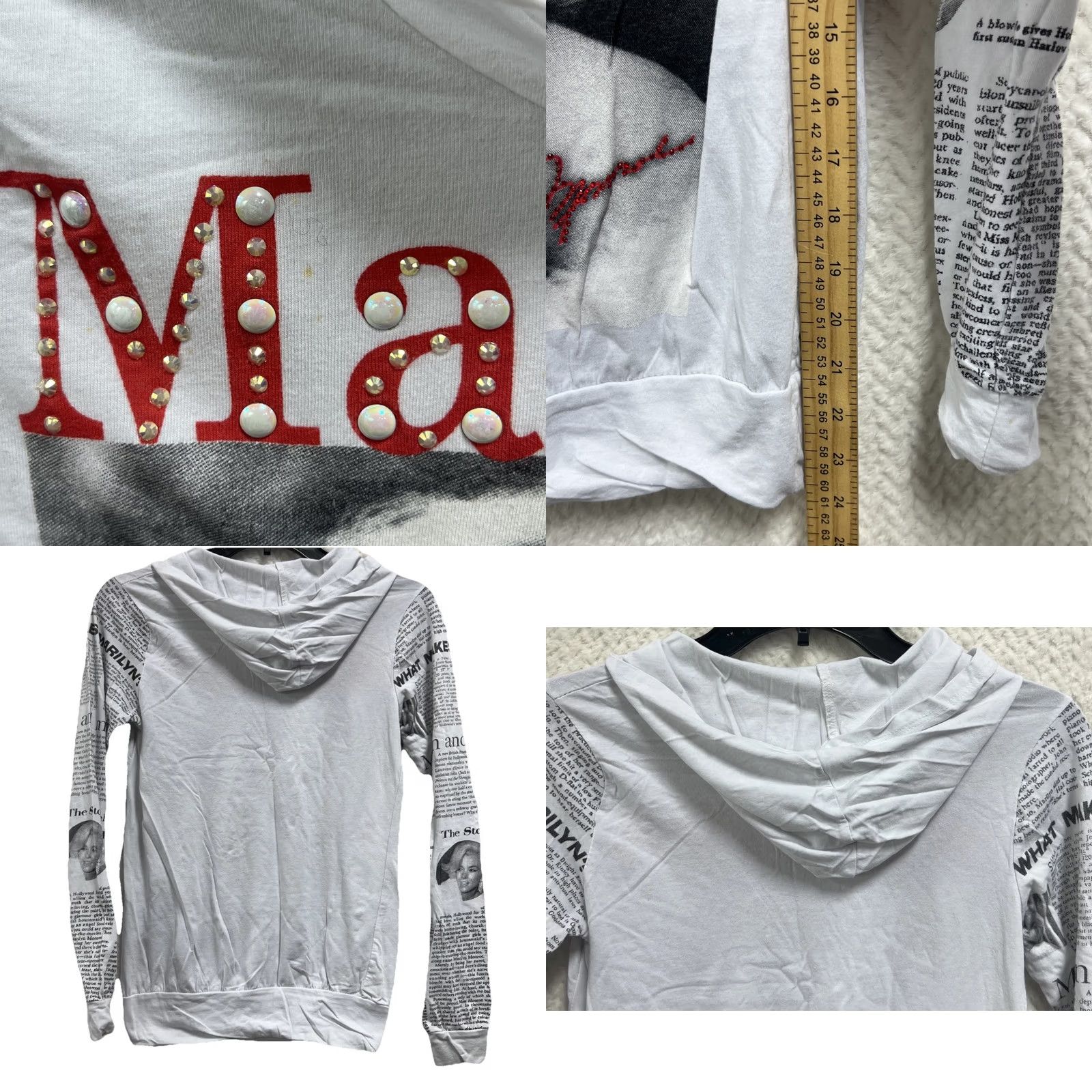 Vintage Marilyn Monroe Graphic Hoodie Women’s XS White Y2K Newspaper Print Rhinestone Size XS / US 0-2 / IT 36-38 - 8 Thumbnail