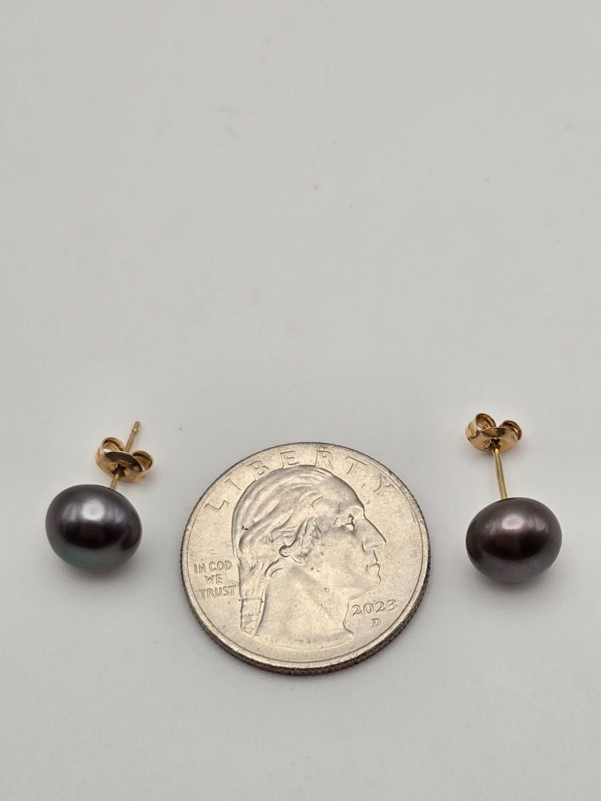 The Unbranded Brand 14k Gold (585) Black Pearl Stud Earrings – 9mm x 7.3mm, 2g Size ONE SIZE - 3 Thumbnail