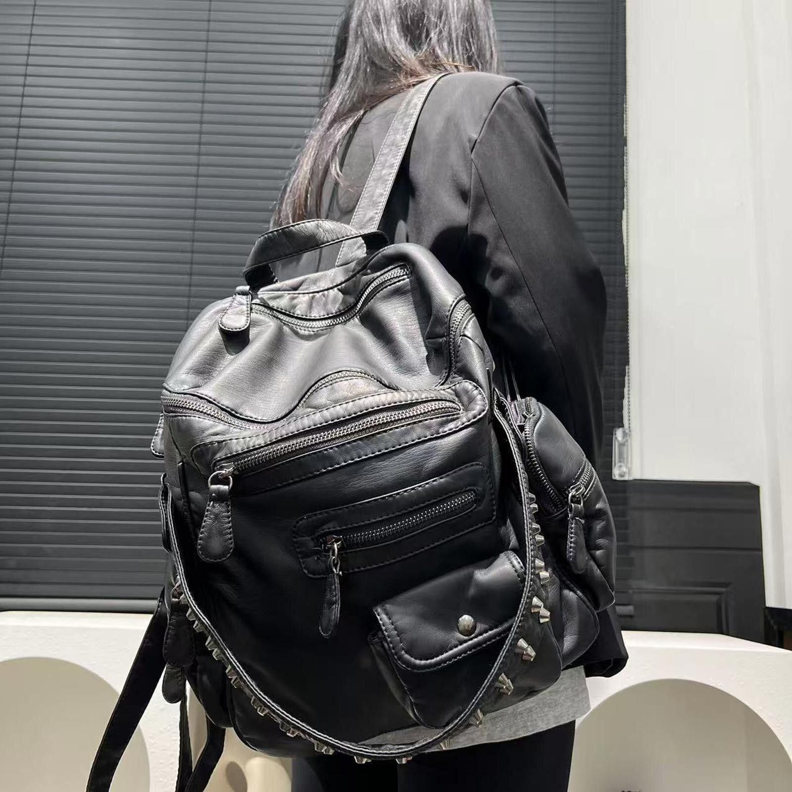 Leather Black Leather Studded Backpack, Multi-Pocket Casual Bag Size ONE SIZE - 1 Thumbnail