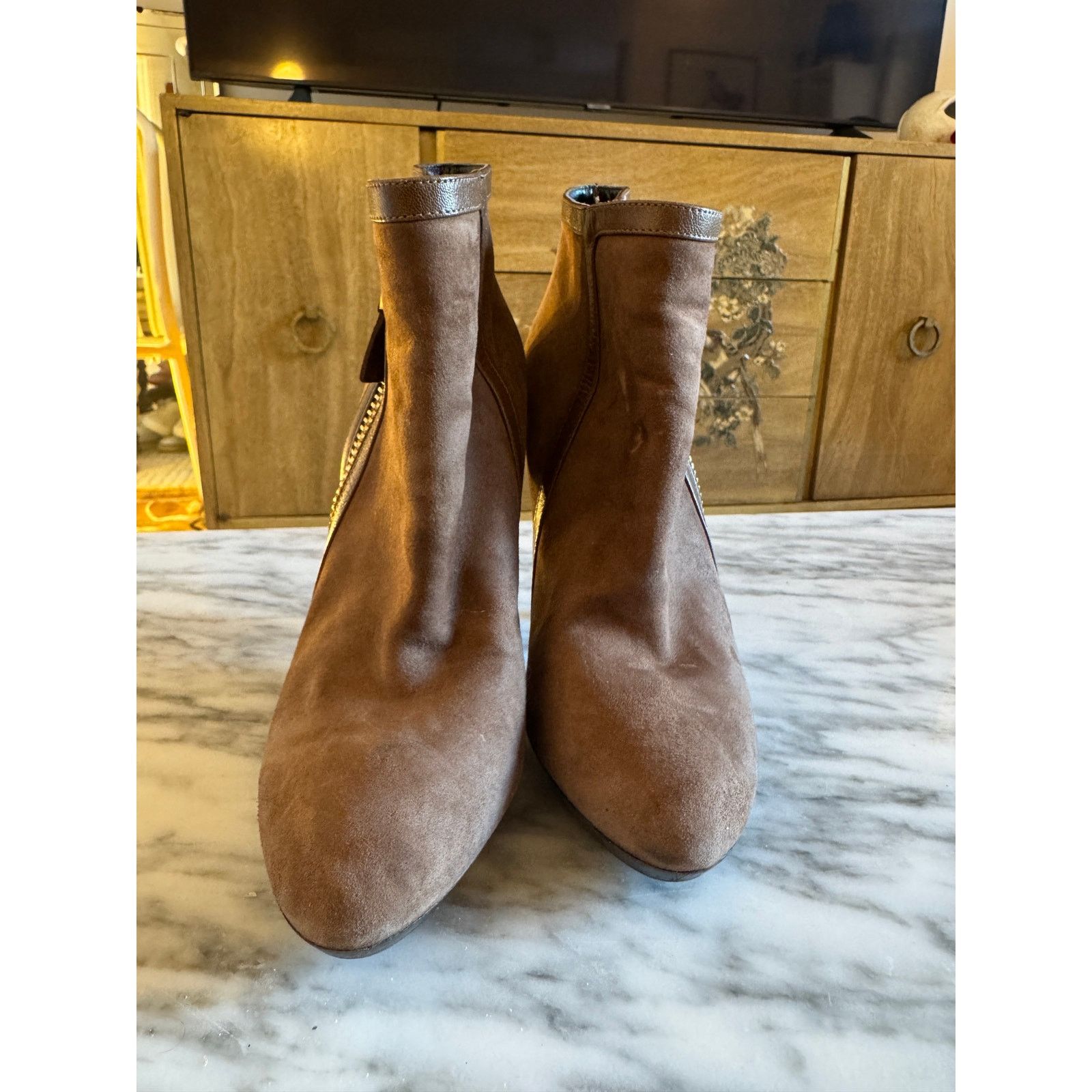 Tom Ford Brown Suede Gold Zip Detail Ankle Boots