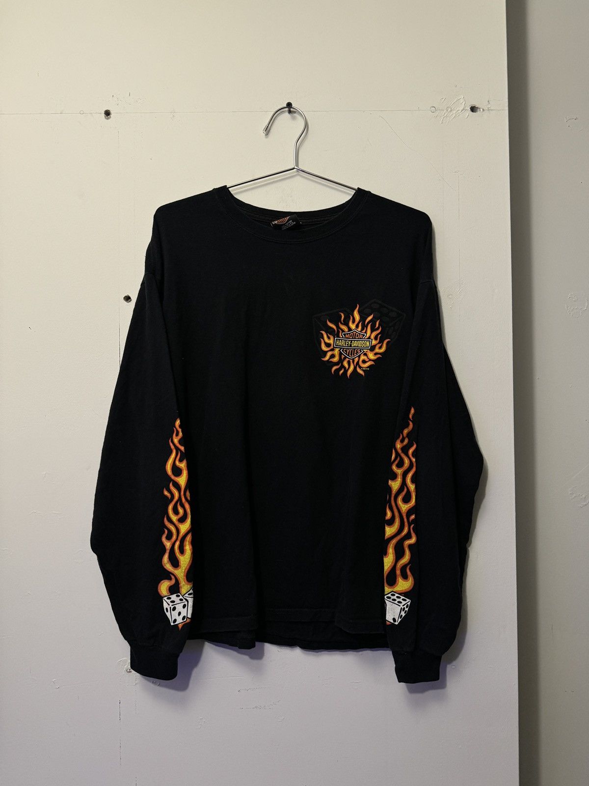 image of Y2K Harley Davidson Dice Flames Longsleeve Shirt in Black, Men's (Size Medium)