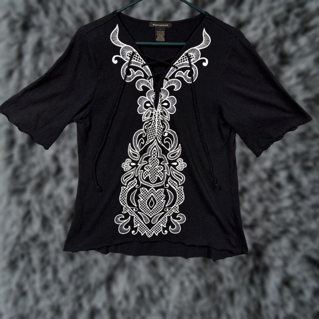 Vintage Susan Lawrence Top L Lace Dark Boho Chic Romantic Ornate Damask Whimsigoth Artsy Size L / US 10 / IT 46 - 1 Thumbnail