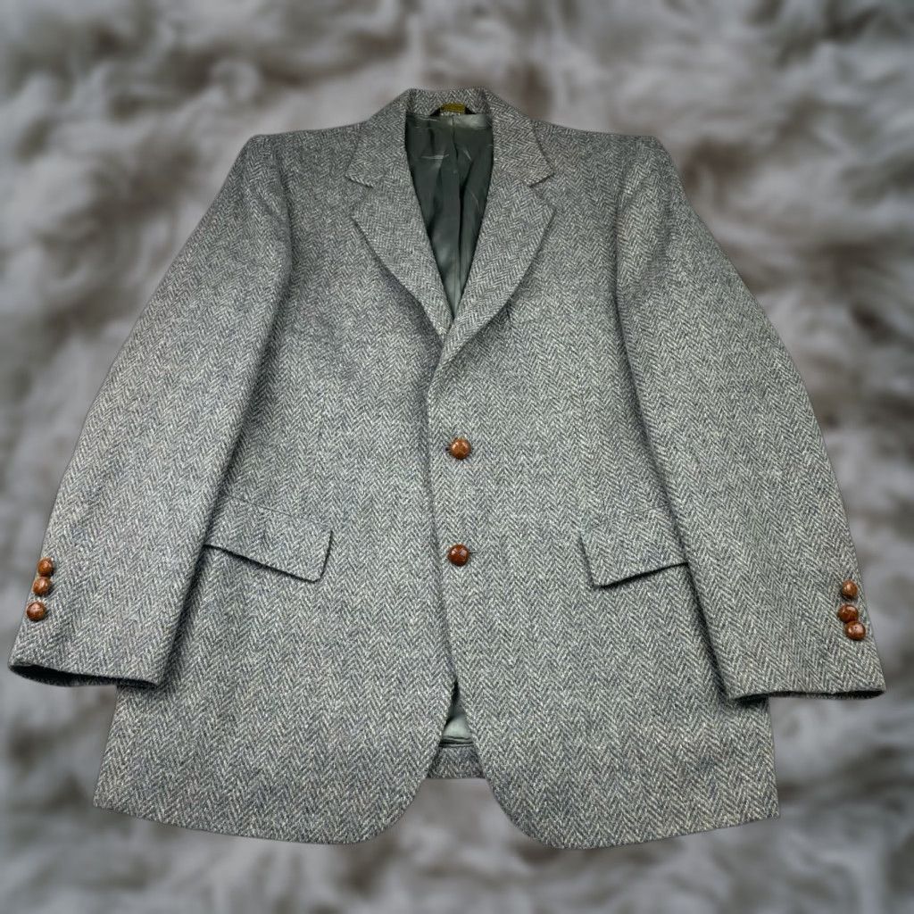 Vintage VINTAGE Nate Friedman Blazer Men 42R Tweed Wool Herringbone Gray Blue Beige 2-Button Notch Lapel Campaign/Business Casual Mens Size 42R - 1 Thumbnail