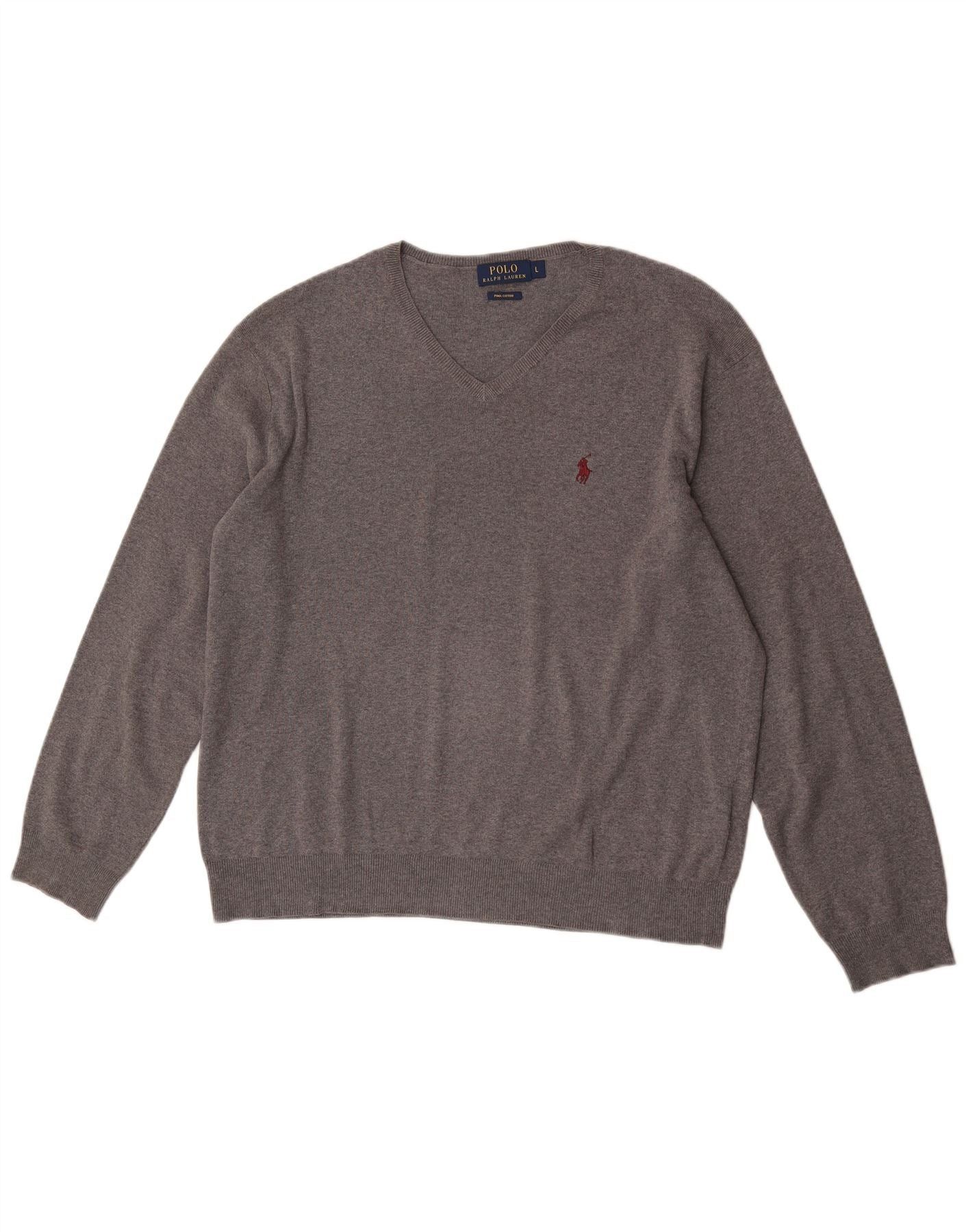Ralph Lauren Mens V-Neck Jumper Sweater Large Grey Flecked Cotton Size US XXL / EU 58 / 5 - 1 Thumbnail