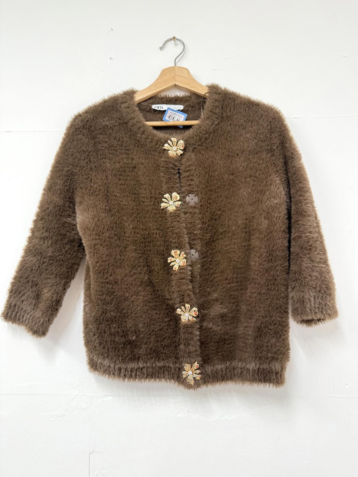 Zara Zara Brown Fuzzy Cardigan with Floral Buttons Size S / US 4 / IT 40 - 1 Thumbnail