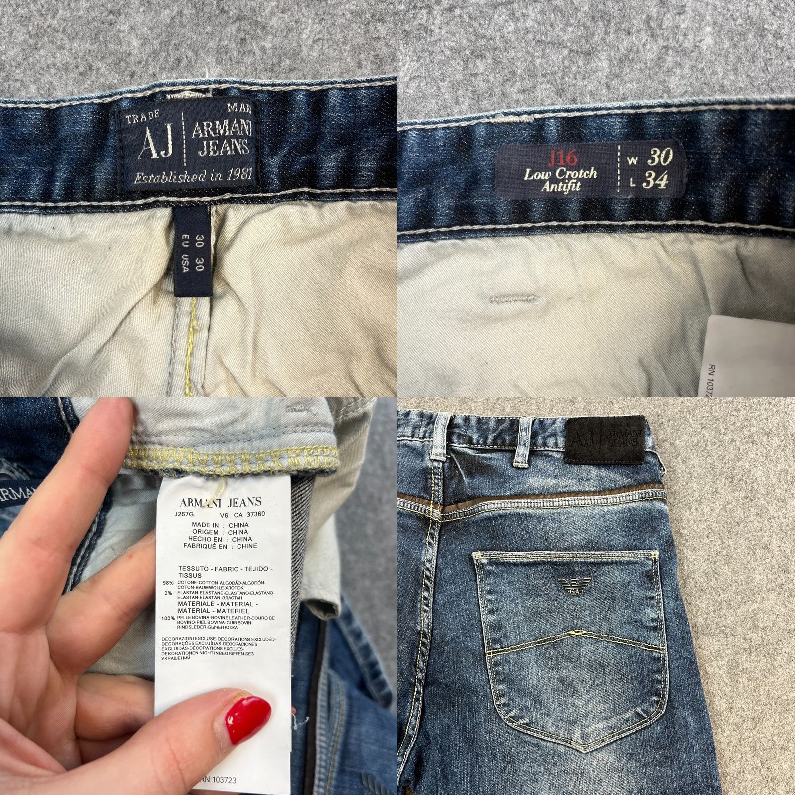 Vintage Armani Jeans Jeans Slim Low Crotch 30 34 Stretch Hair On Hide Whisker Antifit J16 Mens Blue Denim Slimming Pockets 5-Pocket 30 in Inside Leg 34 in Size US 30 / EU 46 - 8 Thumbnail