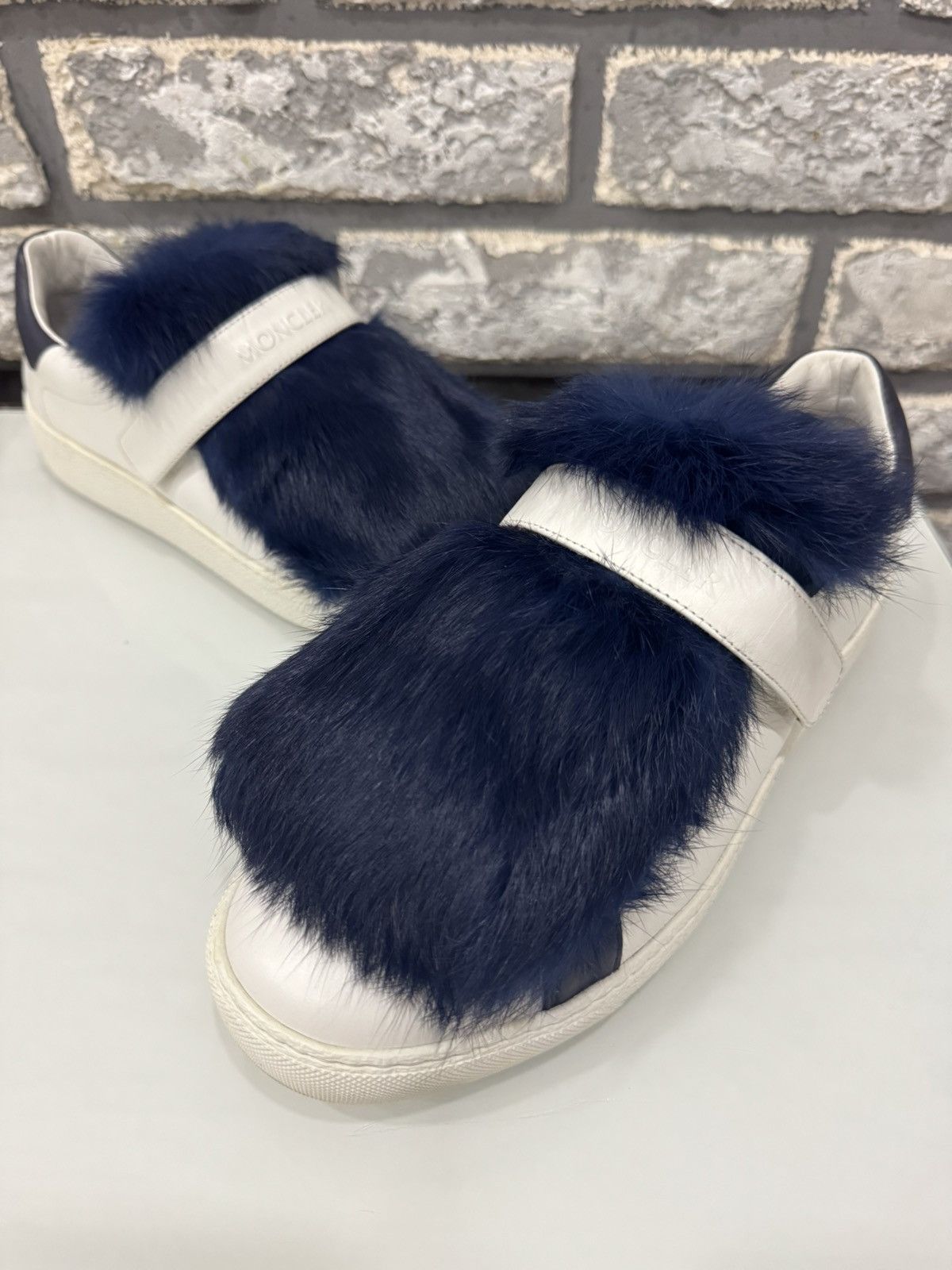 Moncler Victoire Fox Fur Trim Slip-On Sneaker Navy Blue