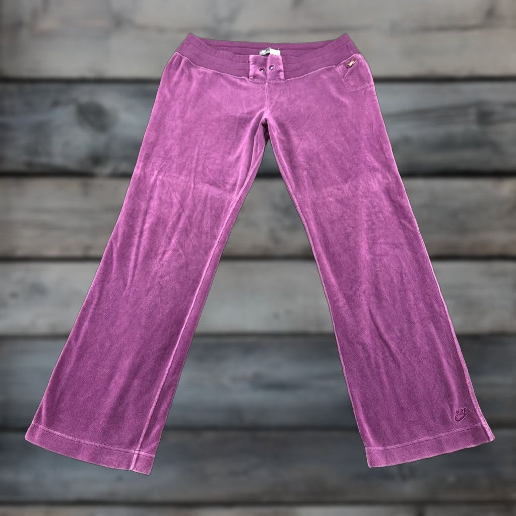 Nike VINTAGE Nike Pants Women XL Purple Sweat Velour Velvet Swoosh Low Rise Baggy Y2K Size 40" / US 18 - 1 Thumbnail