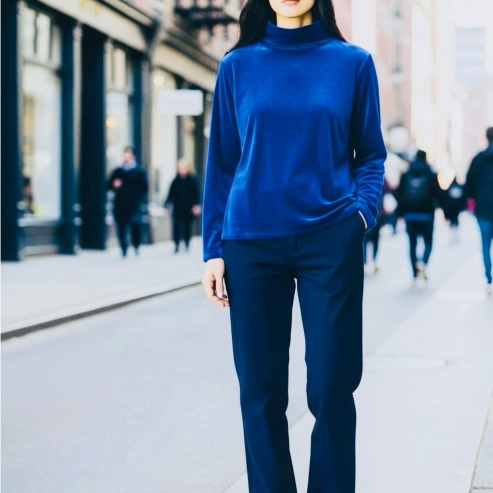 Soft Surroundings Soft Surroundings Velvet Long Sleeve High Neck Blue Top Siz Size L / US 10 / IT 46 - 1 Thumbnail