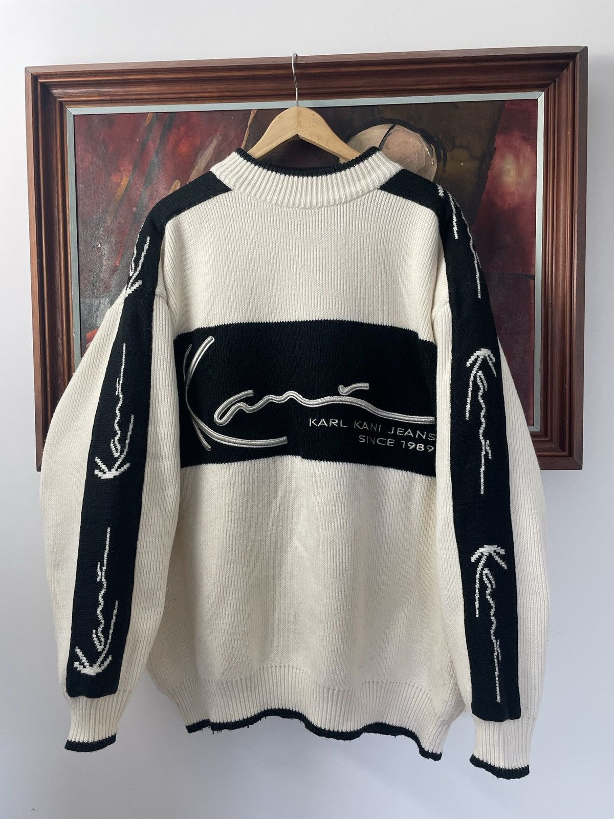 image of Karl Kani Vintage 90's Big Logo Sweater Streetwear Rap in Beige Black, Men's (Size XL)