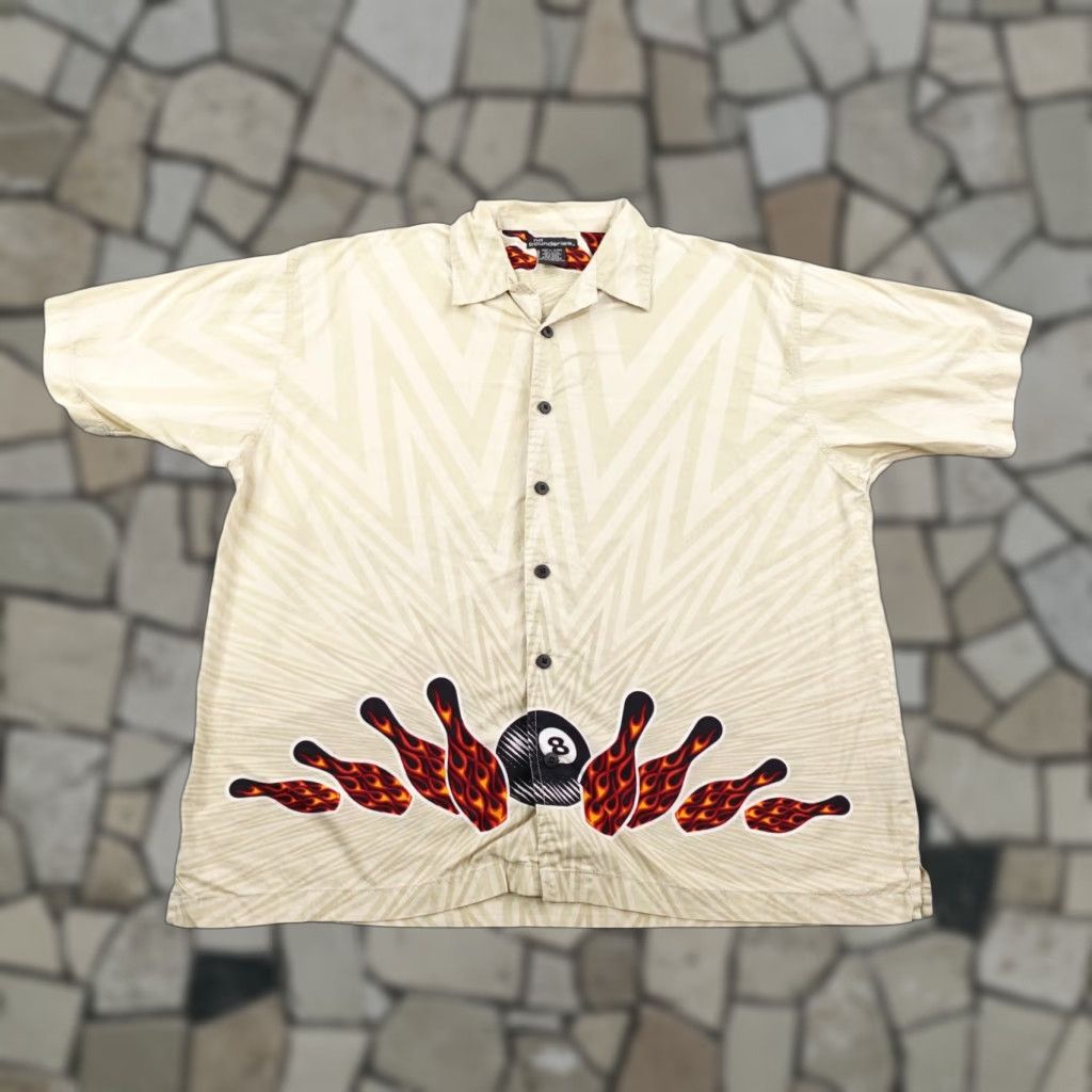 Vintage VINTAGE No Boundaries Shirt Mens XL Beige Flames Bowling Billiards 8 Ball Y2K 90s Mens XL Beige 8-Ball Graphic Print Shirt Size US XL / EU 56 / 4 - 1 Thumbnail