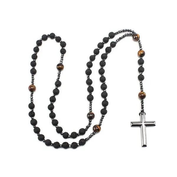 Vintage Natural Lava Stone Tiger-eye Hematite Cross Pendant Necklace Size ONE SIZE - 3 Thumbnail
