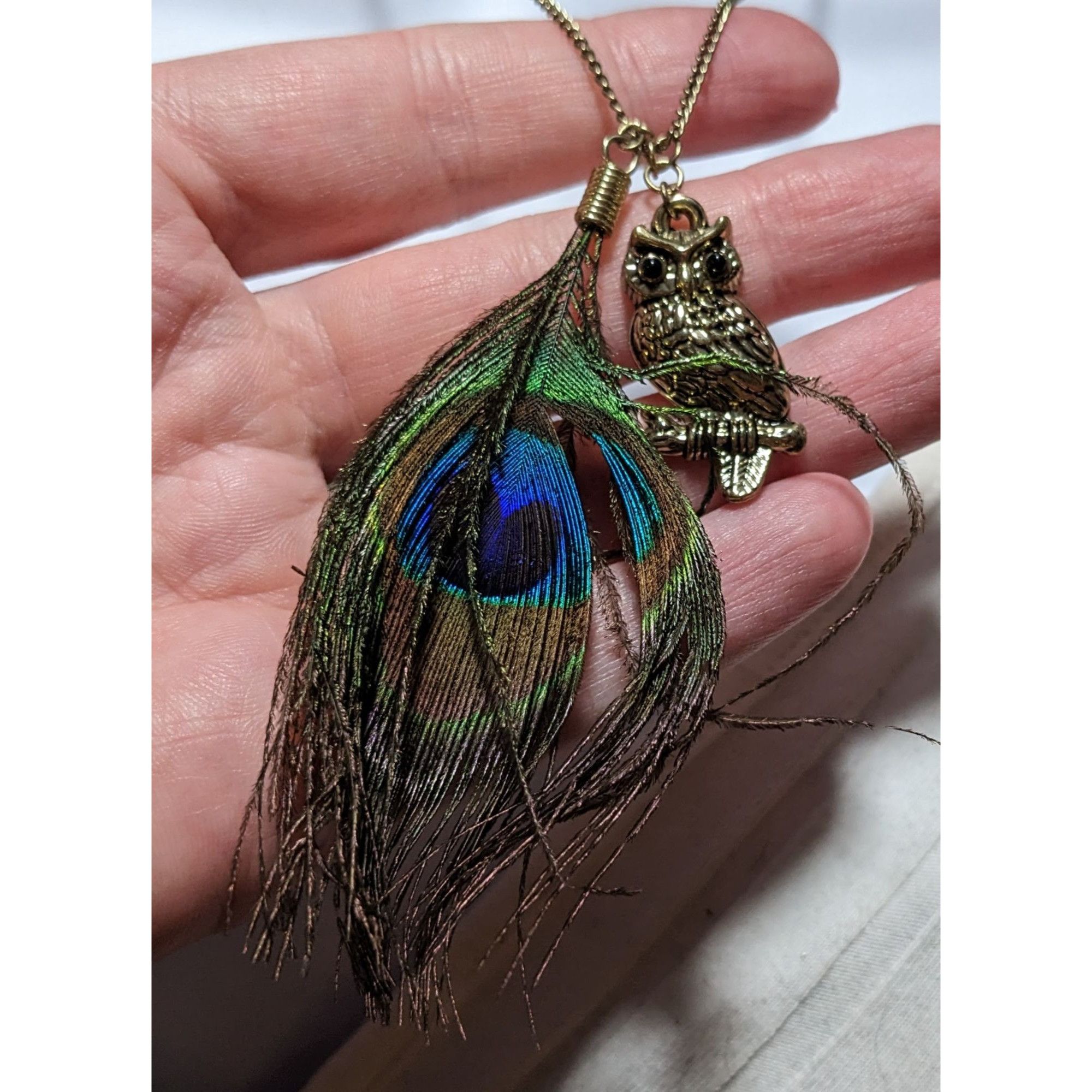 Other Peacock Feather Owl Charm Necklace Size ONE SIZE - 10 Thumbnail