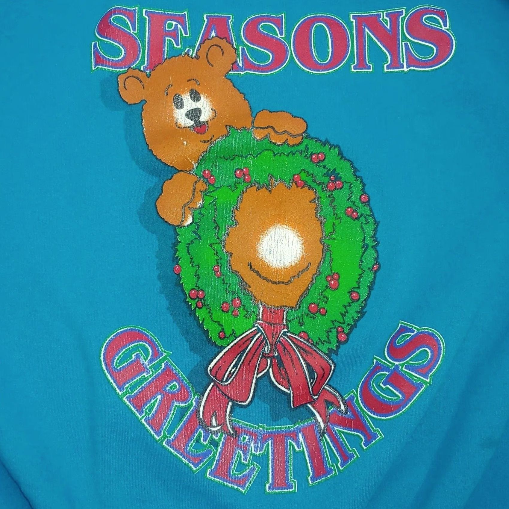 Vintage VINTAGE Seasons Greetings Sweatshirt Large XL Turquoise Crewneck Holly Bear Wreath Graphic Unisex Adults Christmas Holiday Retro Size US XL / EU 56 / 4 - 2 Thumbnail