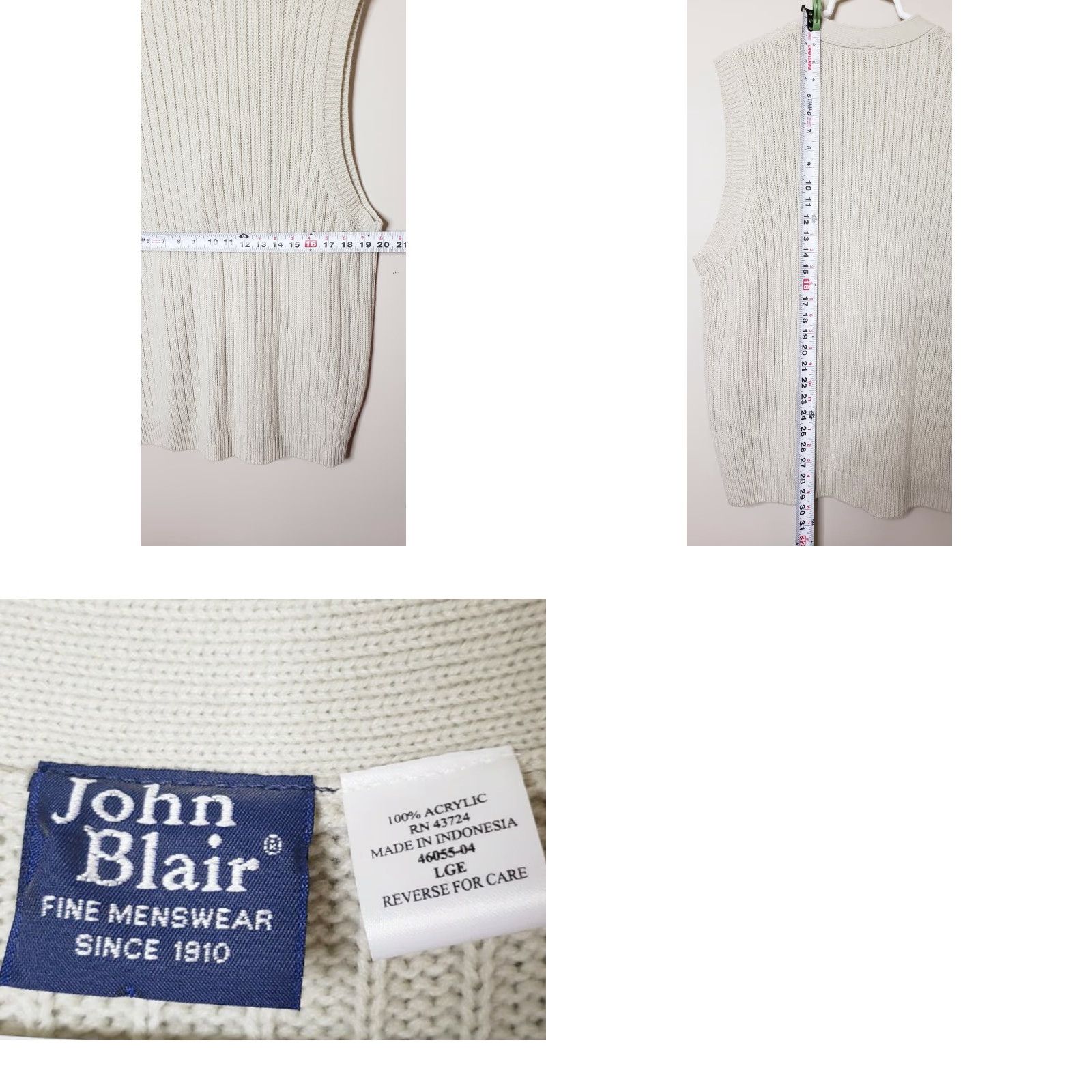 Blair John Blair Sweater Vest Chain Knit Leather Like Buttons Ivory L Regular Men’s Vest, Knit, Sleeveless, V-Neck, Workwear, Pockets, Preppy, 80s? Size US L / EU 52-54 / 3 - 8 Thumbnail