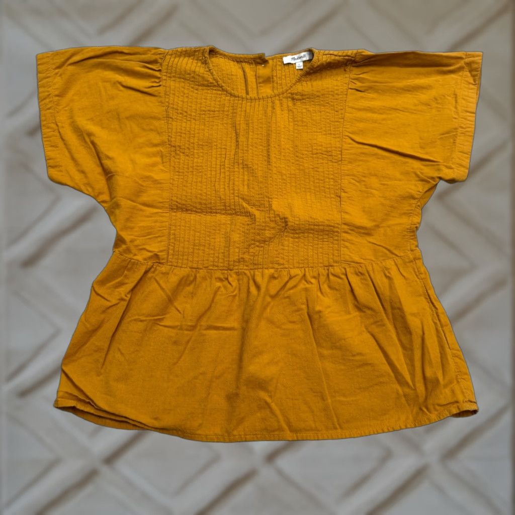 Madewell MADewell Pleated Peplum Top Blouse Women S Mustard Yellow 100% Cotton Bohemian Classic Short Sleeve Casual Stretch Size S / US 4 / IT 40 - 1 Thumbnail