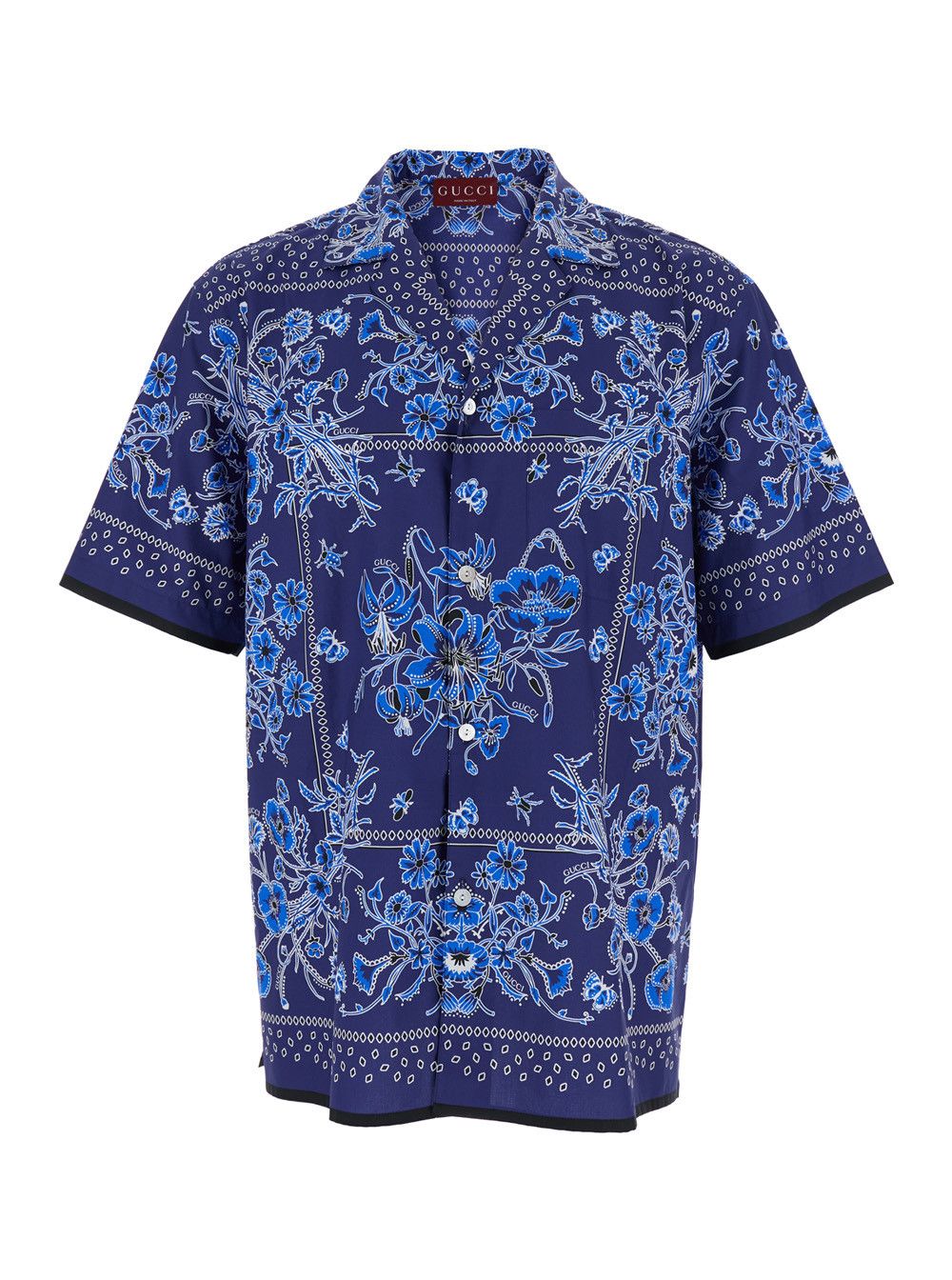 Gucci Blue Bowling Shirt with Cuban Collar and All-Over Floral Print in Cotton Man Size US L / EU 52-54 / 3 - 1 Thumbnail