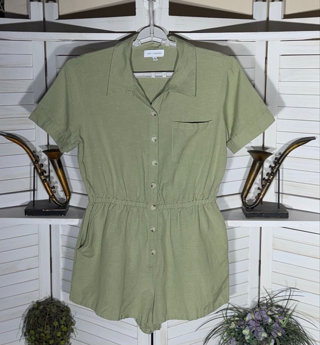 Vintage sage green romper shorts front buttons 2 side pockets sz M Size 30" / US 8 / IT 44 - 1 Thumbnail